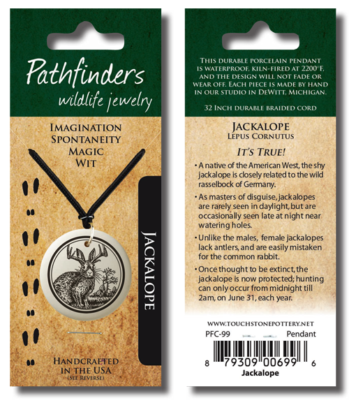 Our Pathfinders line of porcelain jewelry comes packaged as a hang card (above) or in a velvet-lined box (below) with a card describing the meaning of each design and it's animal facts.