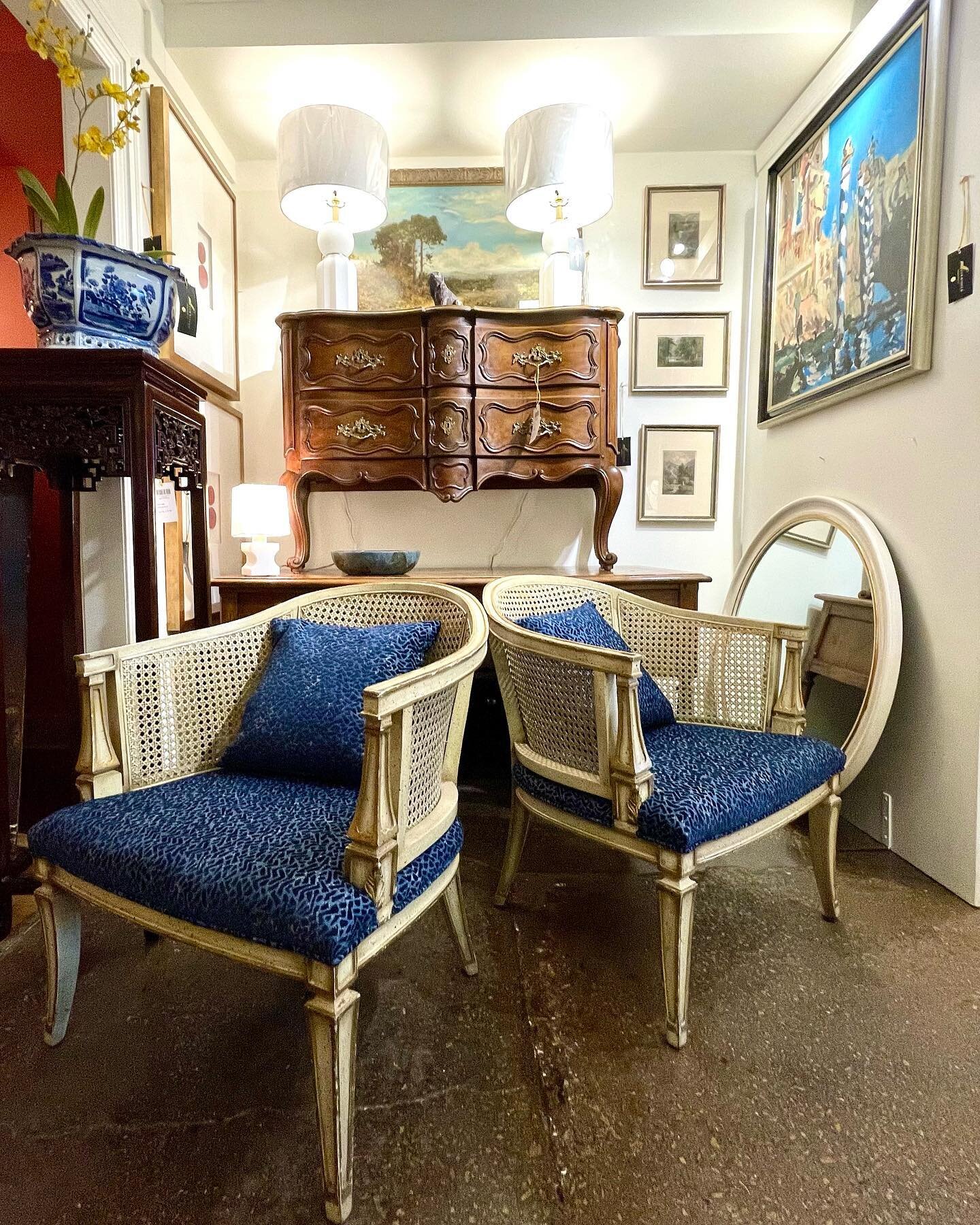 PAIR Caned Barrel Back Armchairs with fresh geometric tone-on-tone blue upholstery &amp; 15&rdquo; square pillows for added comfort. Chairs measure 26.5&rdquo;W x 28.5D x 30.5H with seat height of 17&rdquo;. Wear commiserate with age. 🏷$1695 for the