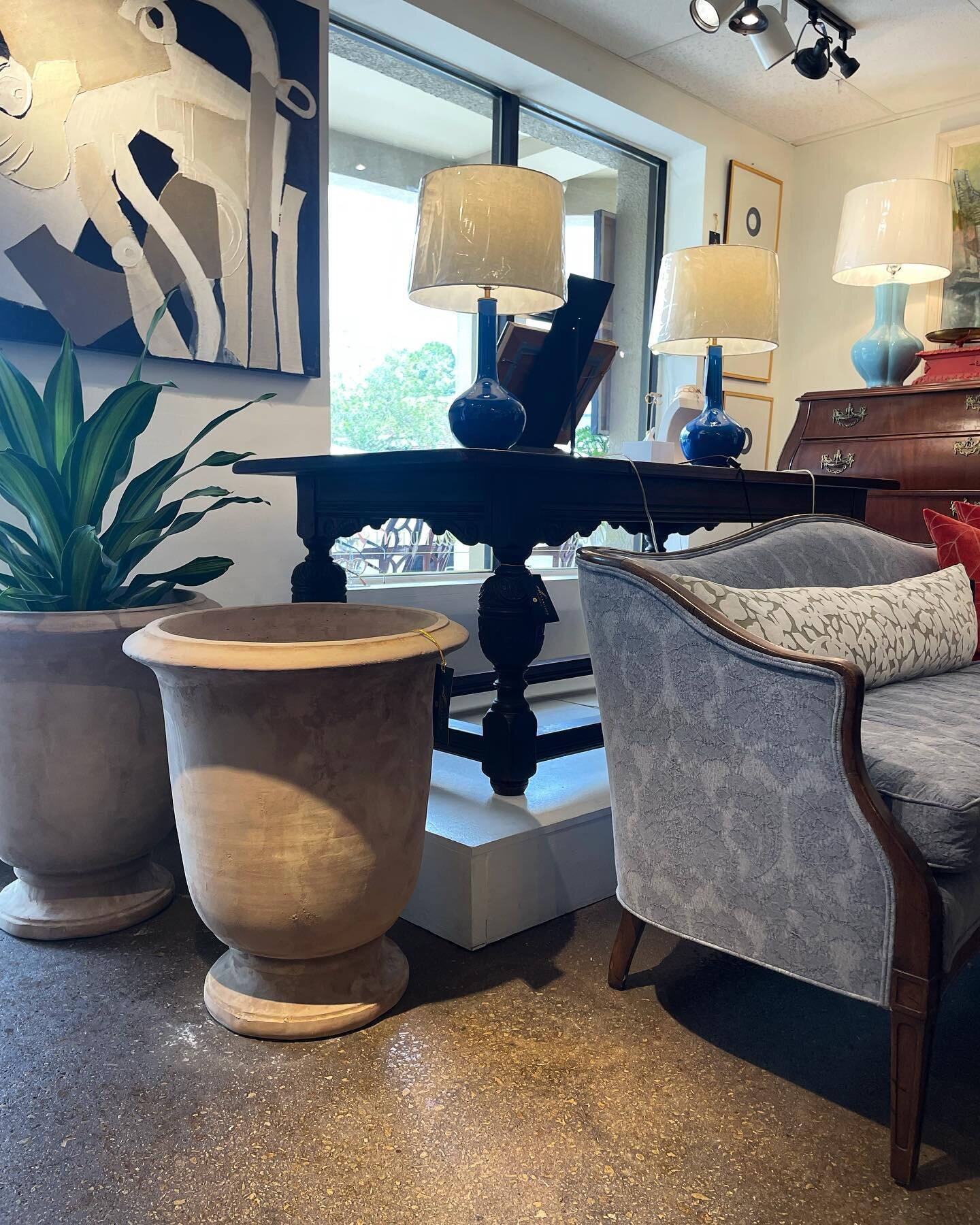 How about these Terracotta Urns to grace your porch, patio, garden or driveway?  Also pictured a Carved Jacobean Style Table, Pair of rich Peacock Blue Lamps, a Curvy Hepplewhite style Sofa among other treasures available for immediate pickup!