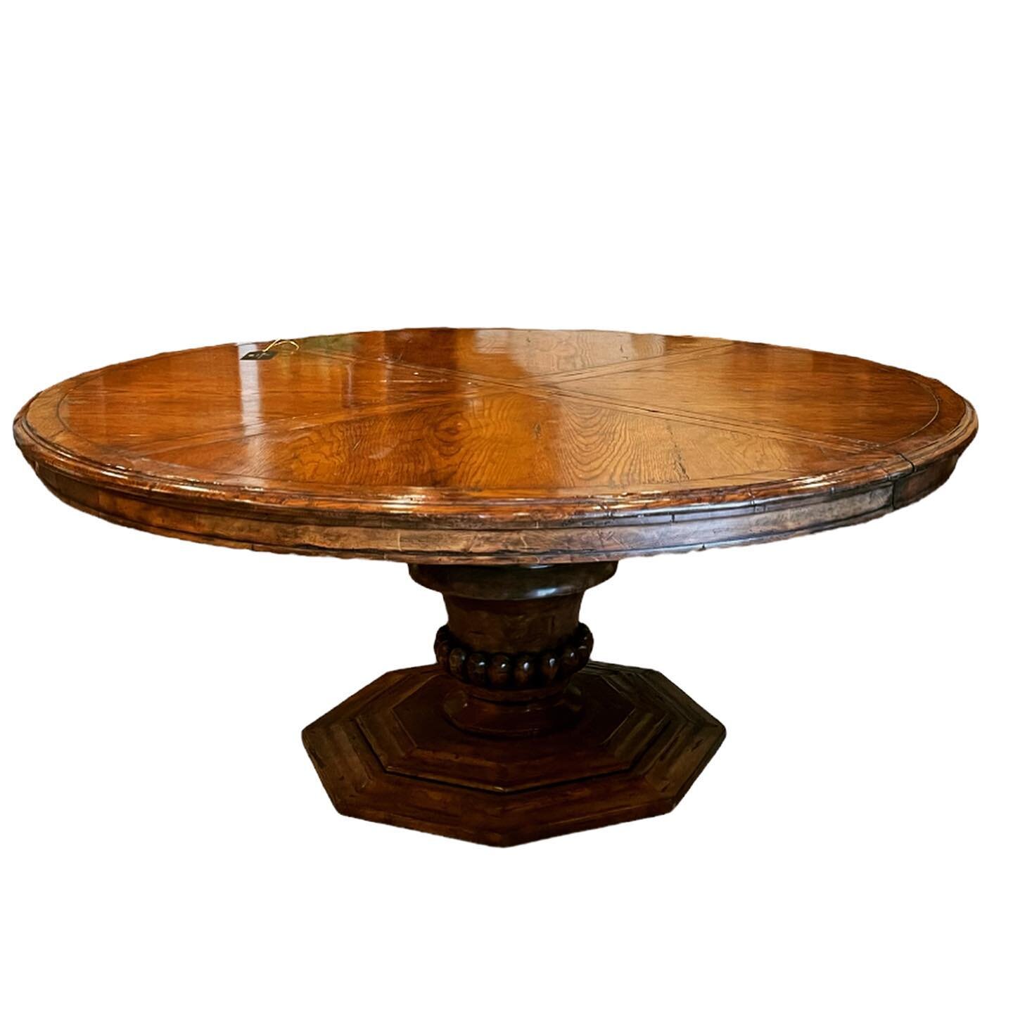 Searching for a 72&rdquo; Table?  This solid Distressed Oak Table has a beautifully carved octagonal pedestal base PLUS an 18&rdquo; leaf to create a generous oval &amp; accommodate two more guests! $2895-30% sale = $2025 ready for pick up!