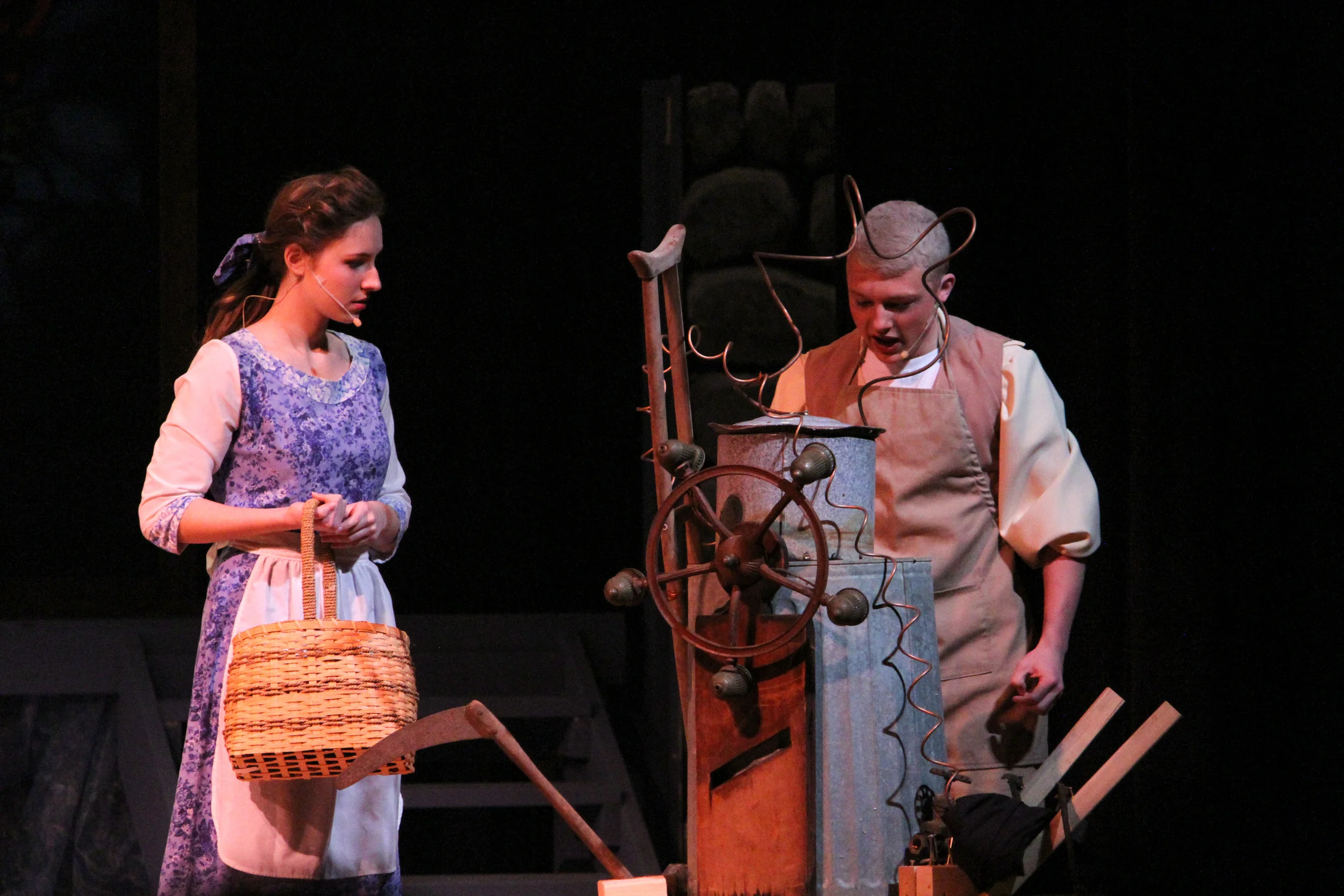 Belle ( Emily Powell, senior ) and her father Maurice ( Harrison Keenan, senior ) discuss the contraption Maurice is building before he heads out to a fair to present his work, on his way he comes across Beast’s castle where inside he meets Lumiere the candlestick Cogsworth the clock, Mrs. Potts the teapot and her son Chip the teacup. The offer him their service; however the Beast discovers and imprisons Maurice.