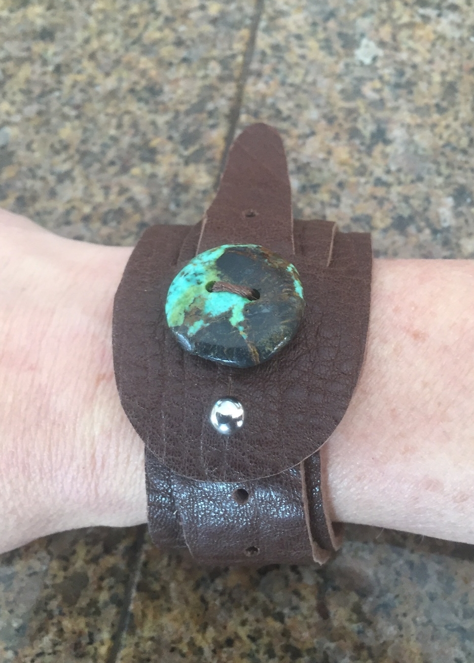 Turquoise Button on Brown Pigskin Leather Wrap Bracelet with Adjustable Screw Post