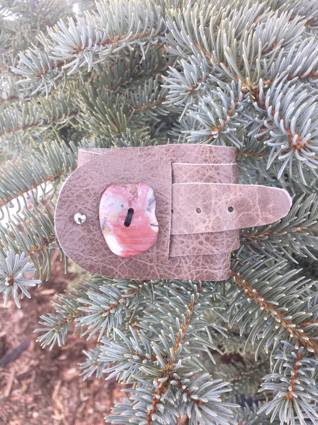 Taupe EmbossedLeather Wrap Bracelet with Stone Button and Adjustable Screw Post