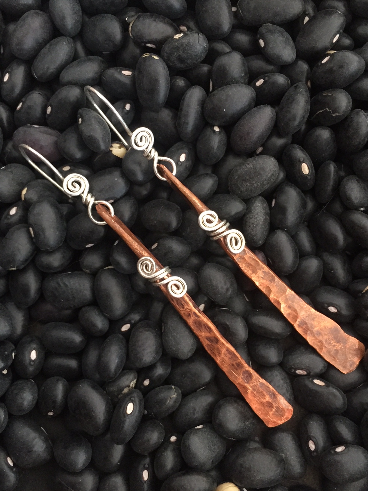 Hammered copper earrings with sterling accents