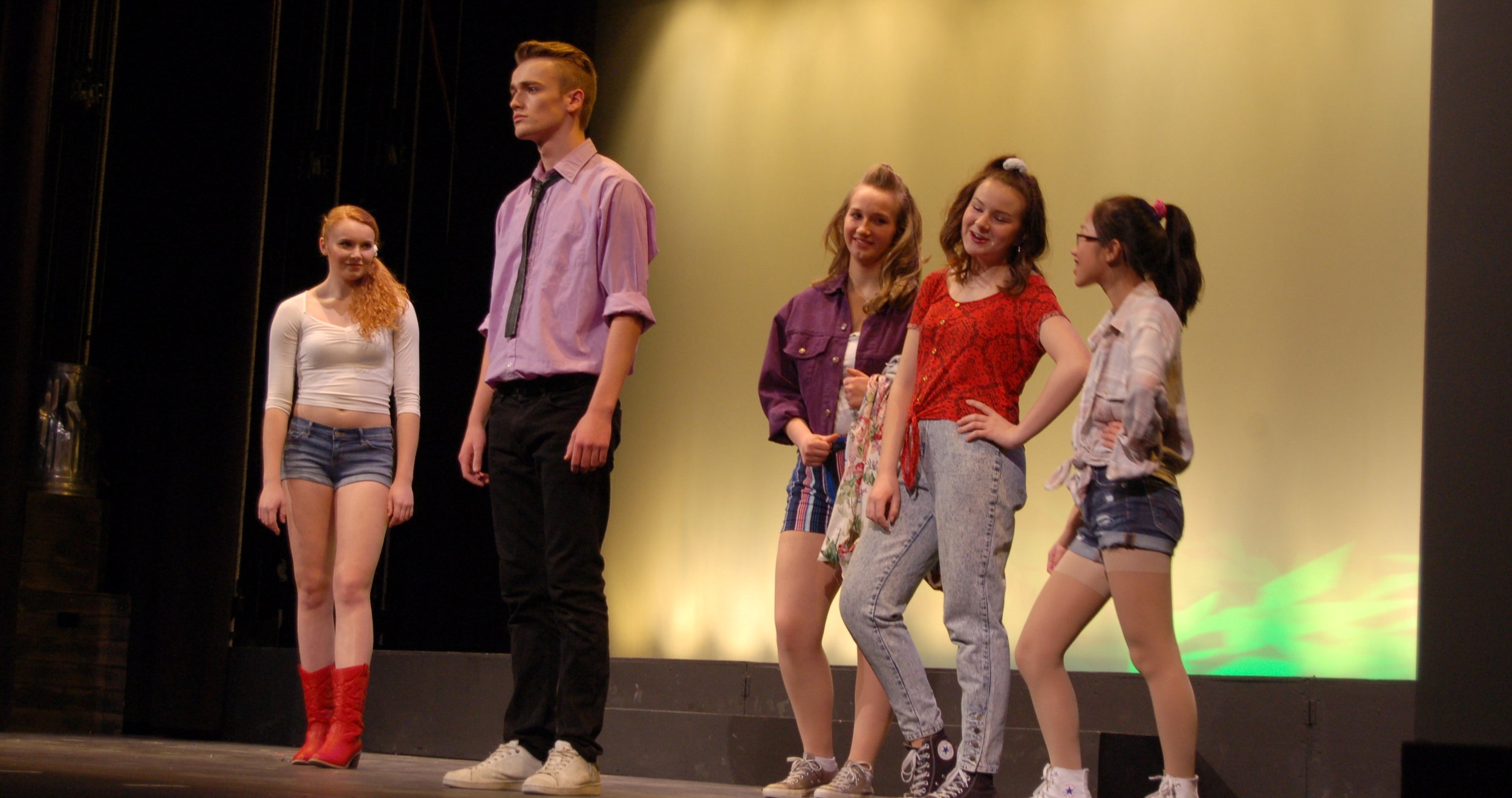   From left, Ariel, played by Sophia Martin, Ren, played by Noah Cordes, Rusty, played by Stephanie Fortune, Urleen played by Lily St. Onge, and Wendy Jo played by Meika Nadeau.  