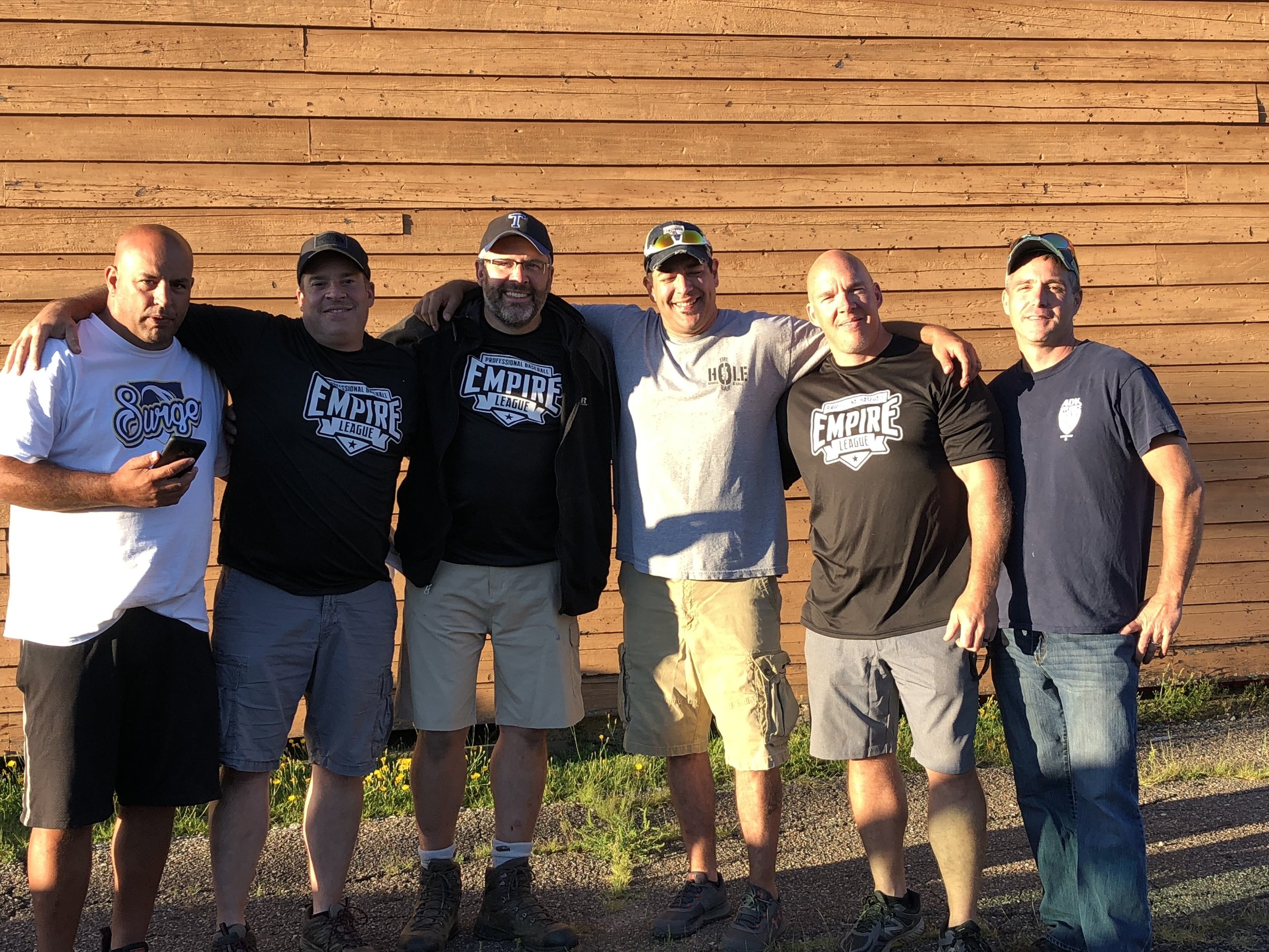   The six men who are working hard these days to help Eddie Gonzalez bring a semi-pro baseball team to Tupper Lake posed Saturday after the community vote, in front of the back of the grandstand here. From left were committee chair, David “Haji” Maro