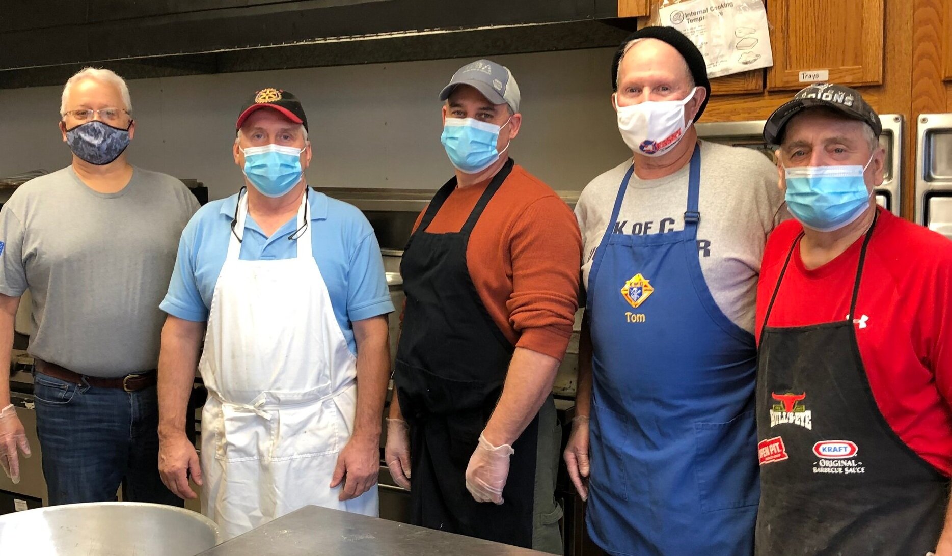    These five volunteers were the mainstay of Thursday's kitchen crew at the K. of C. hall.  All sporting face coverings were (from left) Mark Moeller, Yvon Fortier, John Bujold, Tom Arsenault and Dave LeBlanc. (Dan McClelland photos)  
