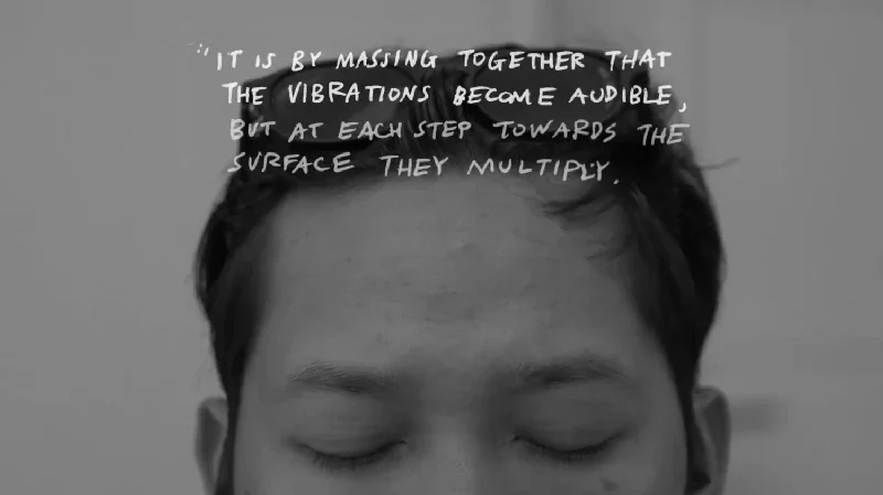 A person with closed eyes and dark hair, with a quote overlaid at the top of the image that reads: 'It is by mashing together that the vibrations become audible, but at each step towards the surface they multiply.'