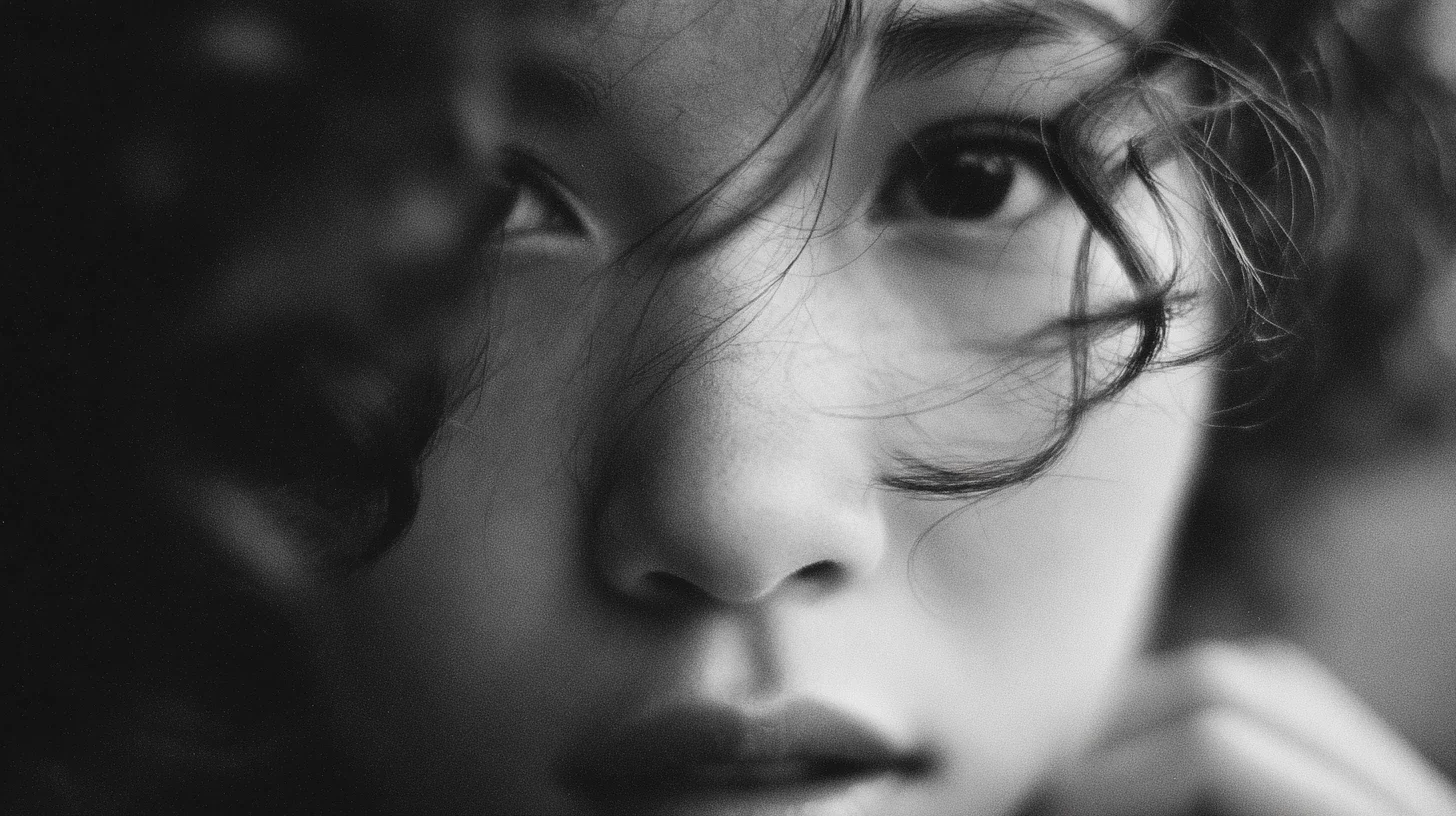 Close-up black and white photo of a woman's face, focusing on her eye and nose, with some facial features partially obscured by her hand.