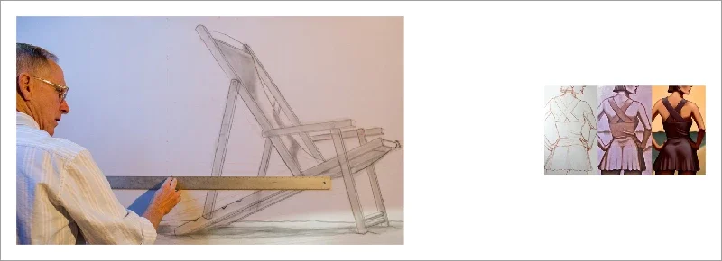 Person drawing a design for a chair on a transparent surface, with a sketch of the chair in progress and small images of fashion dresses to the right.