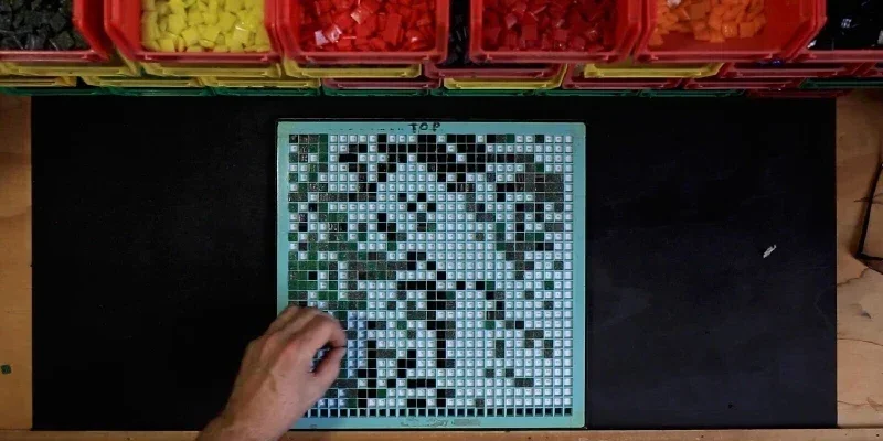 Top view of grid of mosaic tiles being arranged into images for the Pasadena Playhouse Mosaic Mural