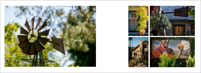 A windmill sculpture with rusted blades and a clock face, set outdoors among trees with green leaves, alongside four photographs of a house, plants, a mural, and a person holding an apple.