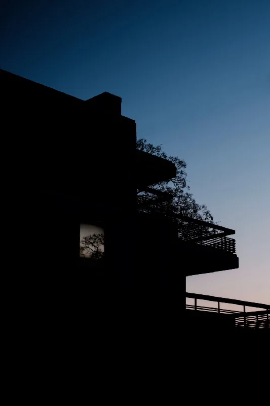 Silhouette of a modern building with balconies and trees against a dusky sky.