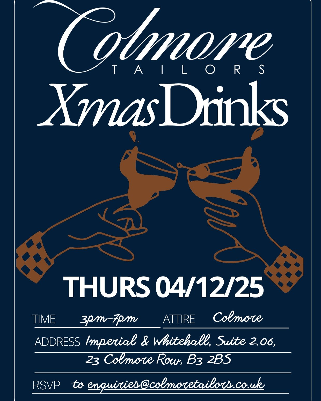 Our annual #christmasdrinks are also a &quot;welcome to the row&quot; event. Held at our new atelier, they are always a fun and warm event

04/12/25 - Thursday
3-7pm. 

Open doors as ever

Imperial and Whitehall
Suite 2.06
23 Colmore Row
B3 2BS

RSVP