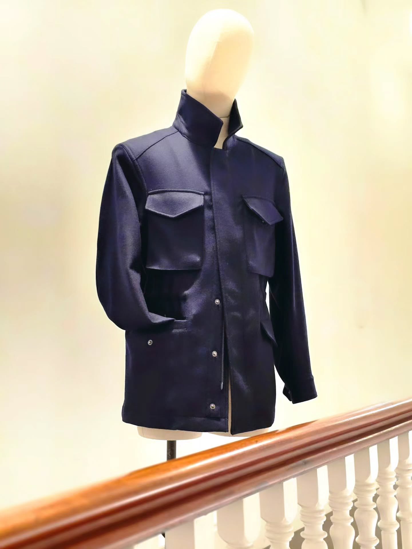 #fieldcoat unlined with smoke metal 2 way zipper, concealed stud fly front closure.

2 besom flapped point breast and 2 flapped built in hip pockets

Split shoulder with single stud sleeve.  Draw cord waist internally.

Double faced cloth by @loropia