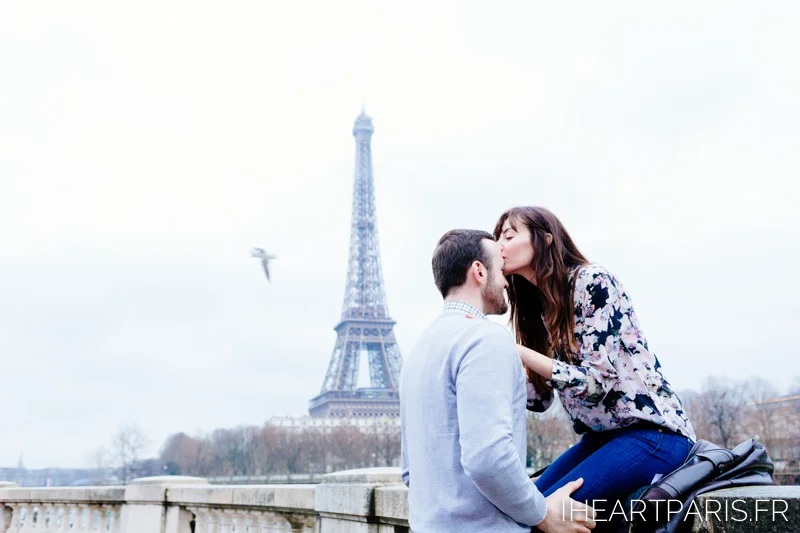 Photographer in Paris Engagement Kiss Eiffel Tower iheartparisfr