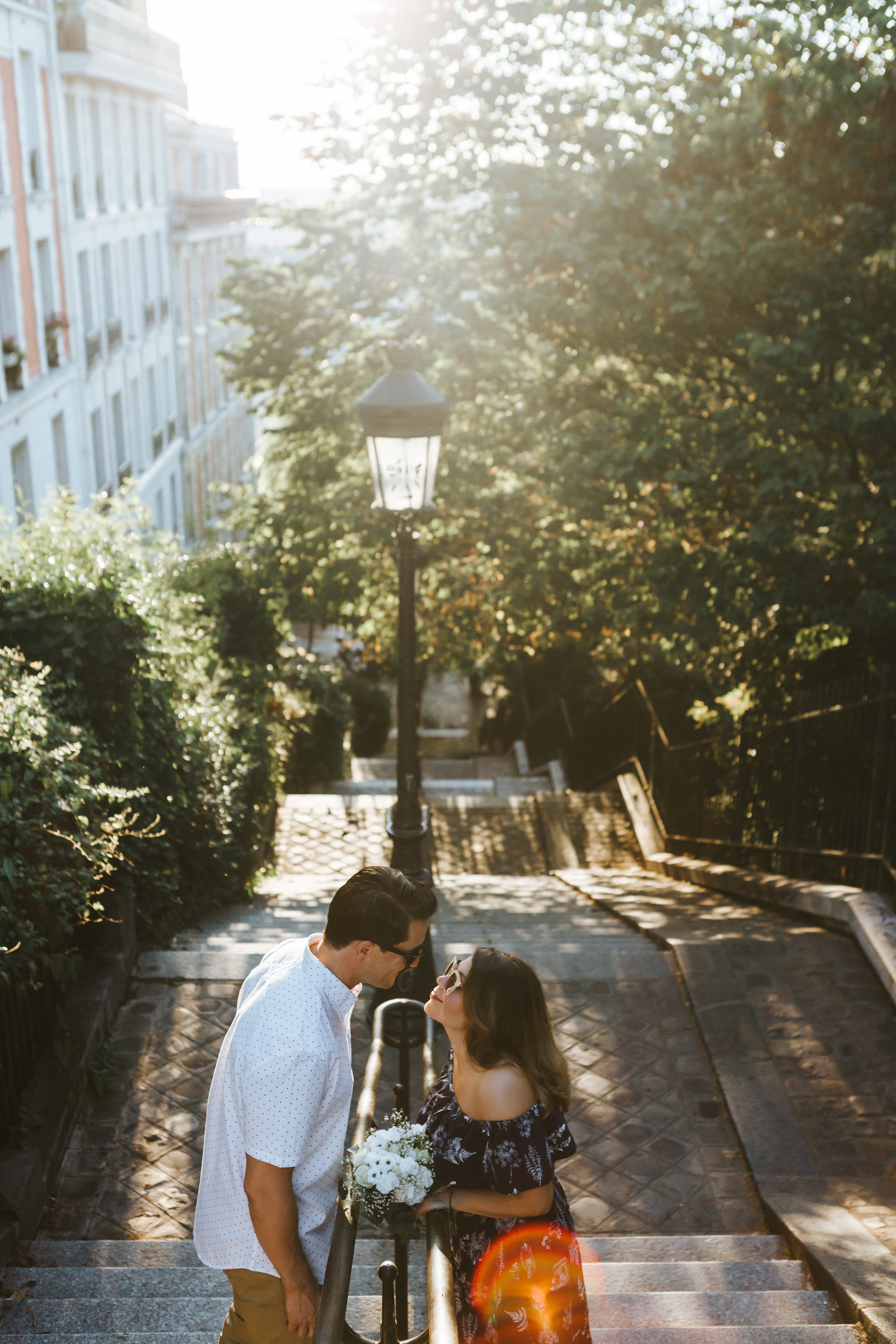 Paris Photographer Love Story Montmartre Sunrise Flowers Anniversary Couple Session
