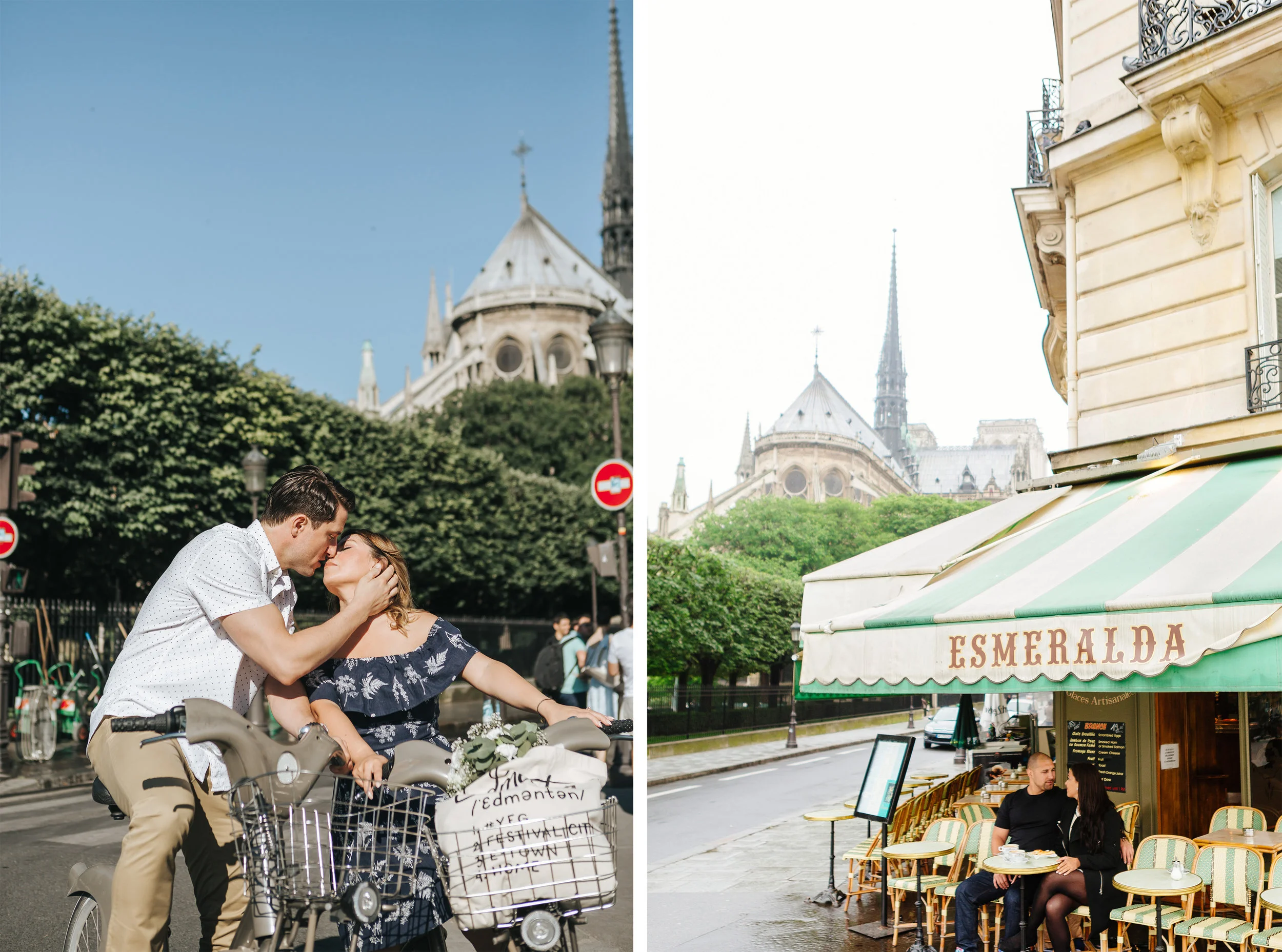 paris photographer diptych couple portraits by notre dame and cafe esmeralda