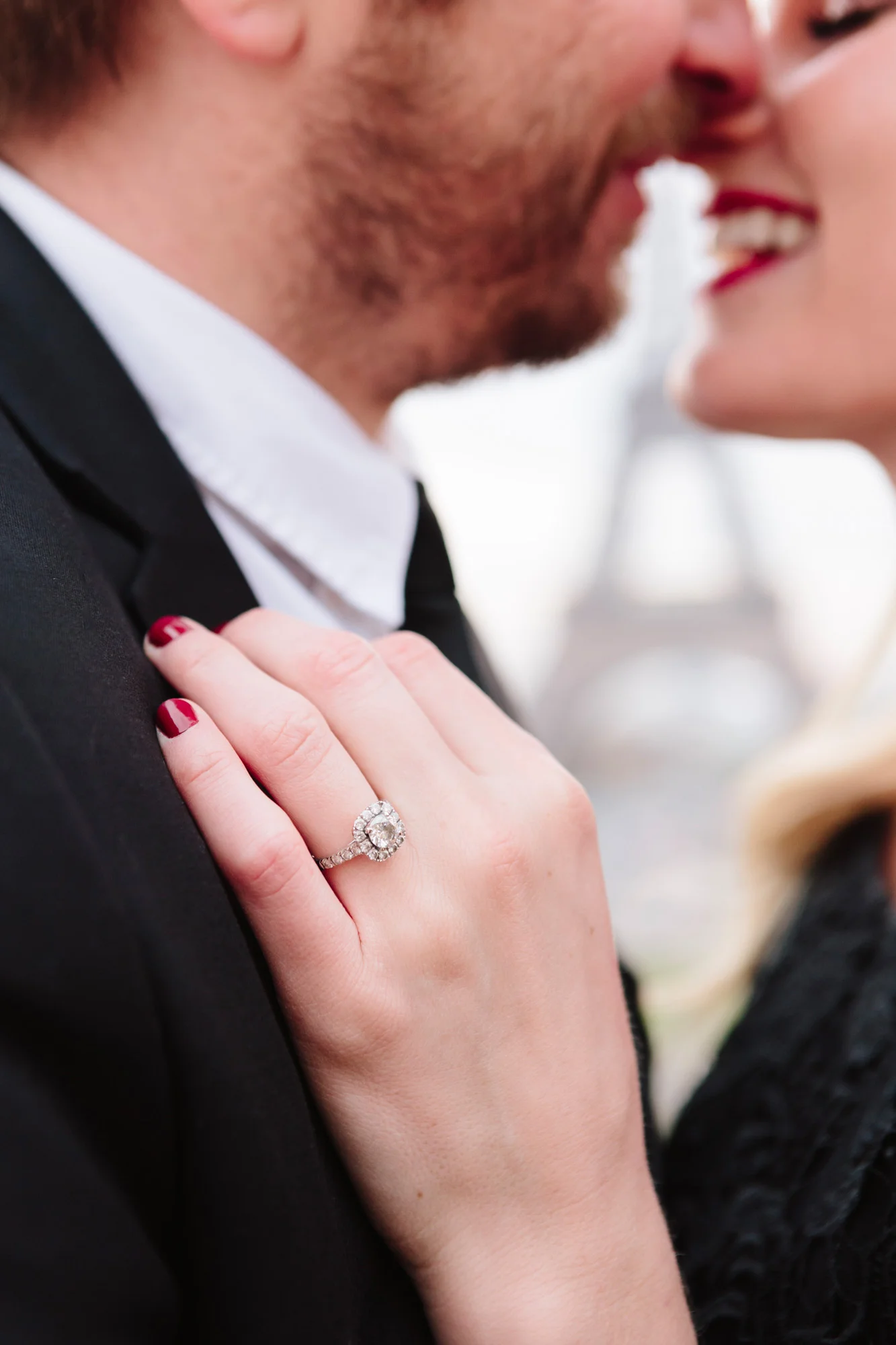Engagement ring close up photograph next to the Eiffel tower captured by Paris Photographer Federico Guendel