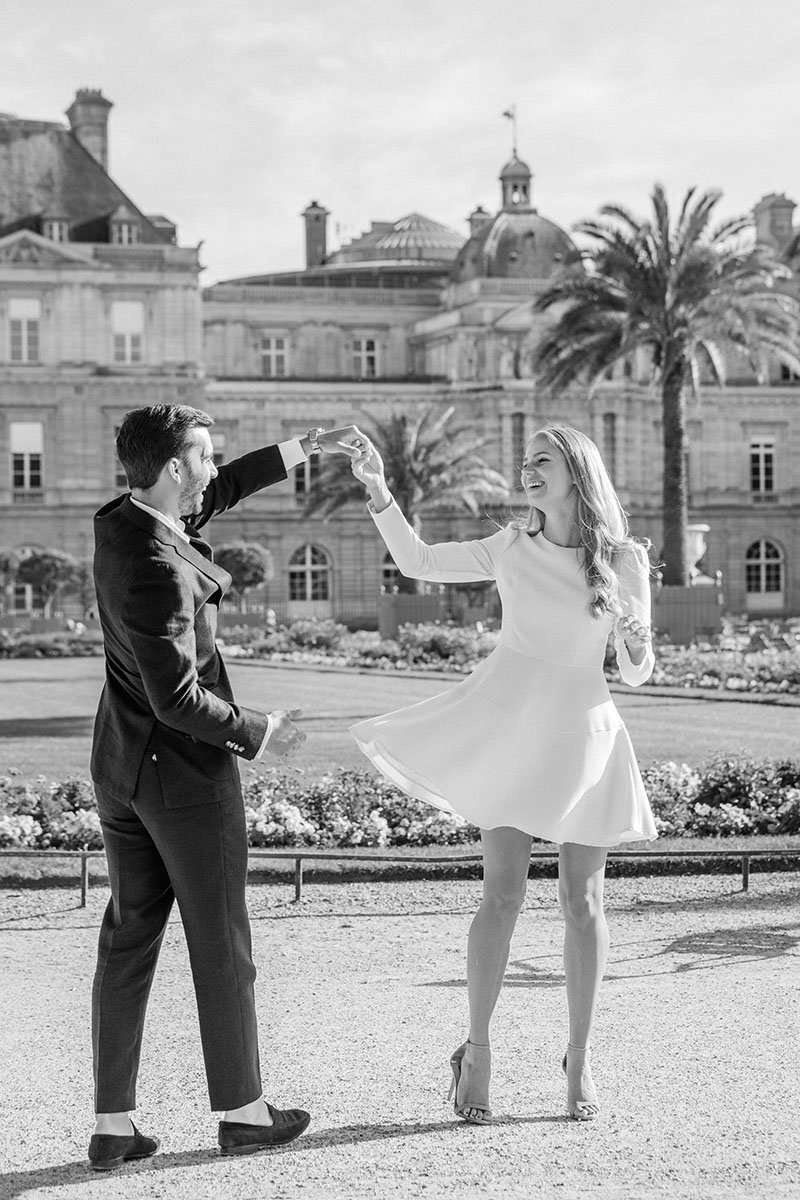 Fun Dance during Engagement Photo Session in Paris Luxembourg Garden