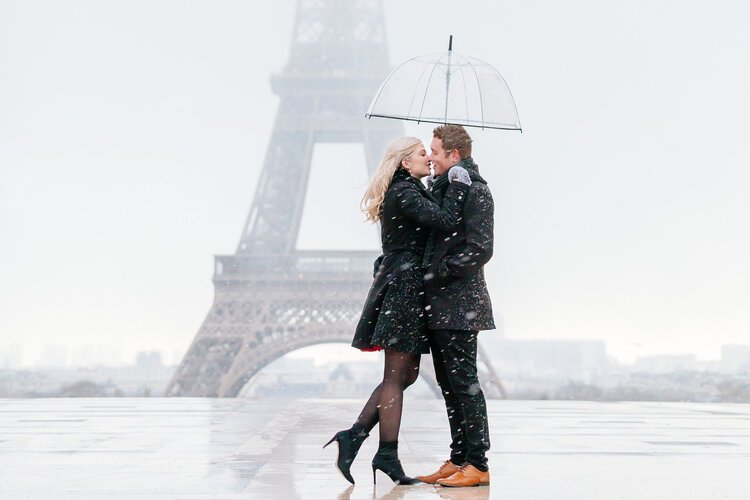 Romantic Snow Paris Engagement Photoshoot with Eiffel Tower