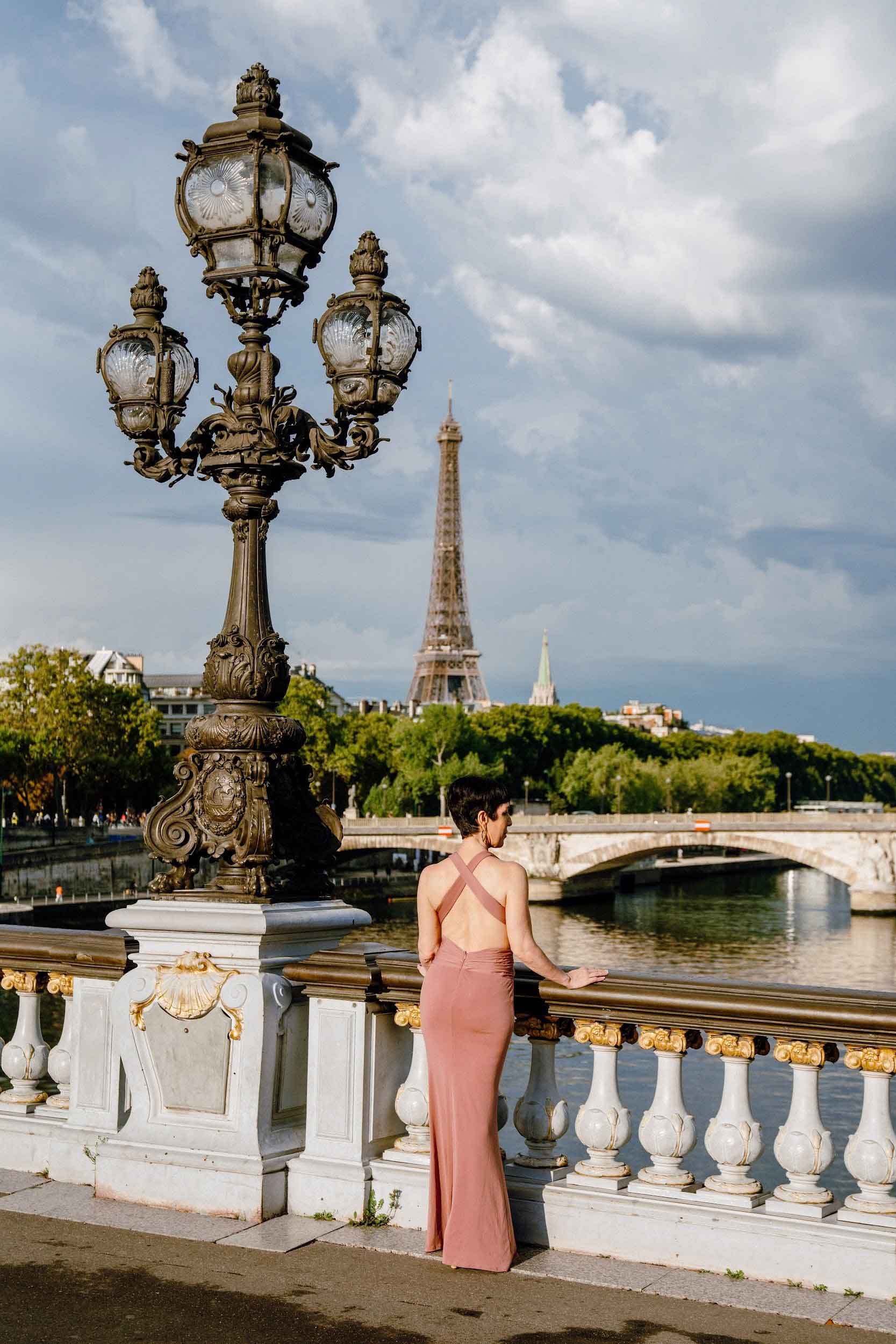 Stylish Birthday Paris Photoshoot on Alexander 3 Bridge Eiffel Tower view