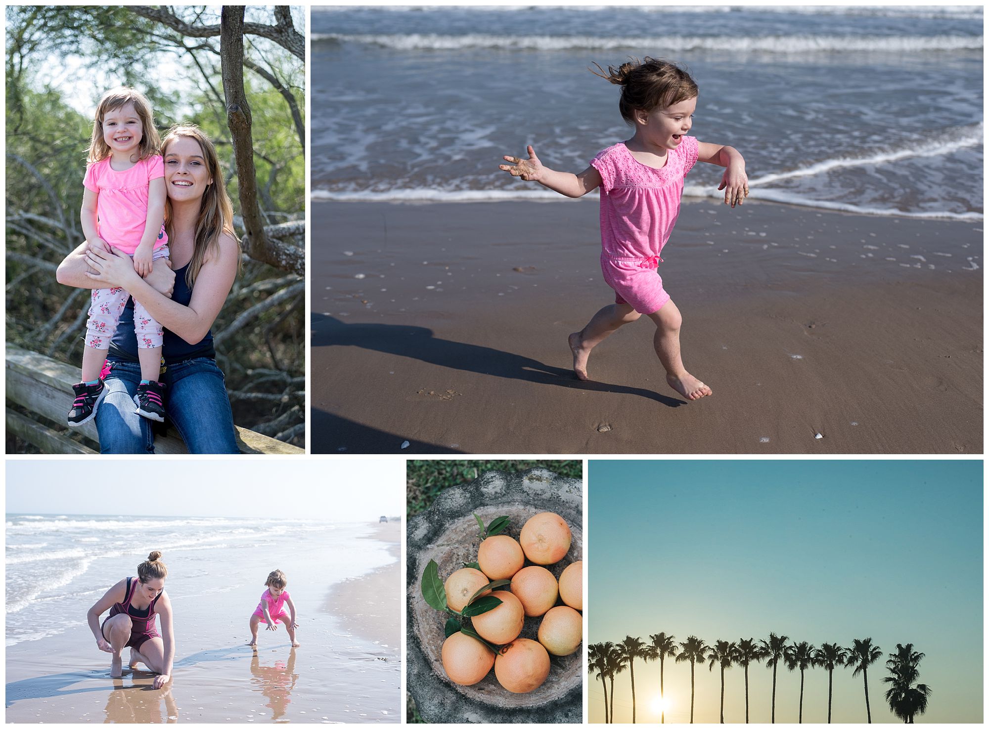 Mom and daughter posing for camera. Toddler running on the beach. Mom and daughter playing in the sand. Grapefruit. Palm Trees. 