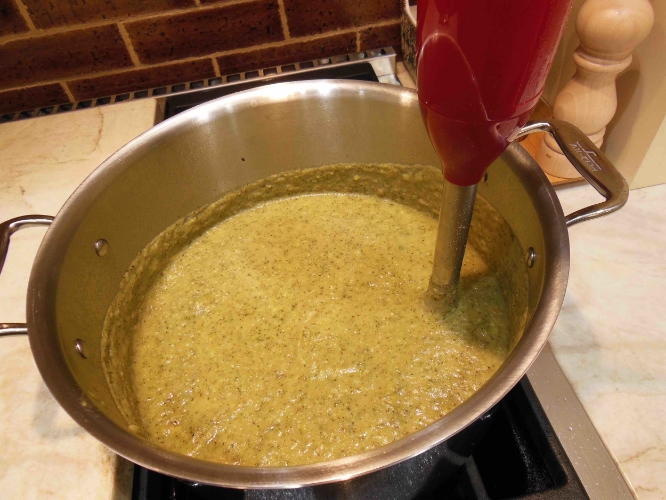 An immersion blender makes it easy to blend soup right in the pot 