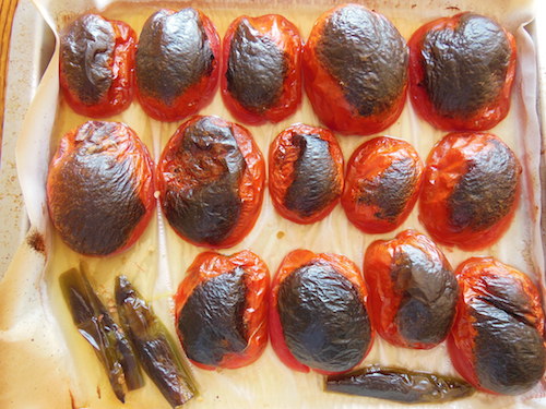 Broil unti tomato and chile skins are blackened. 