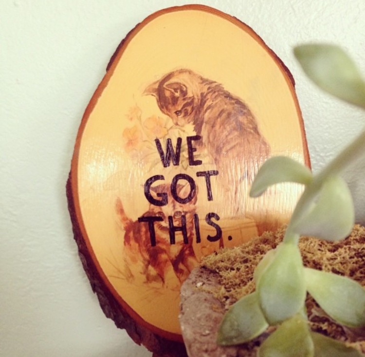 Kittens got this , sharpie on vintage log slice art, 2014.