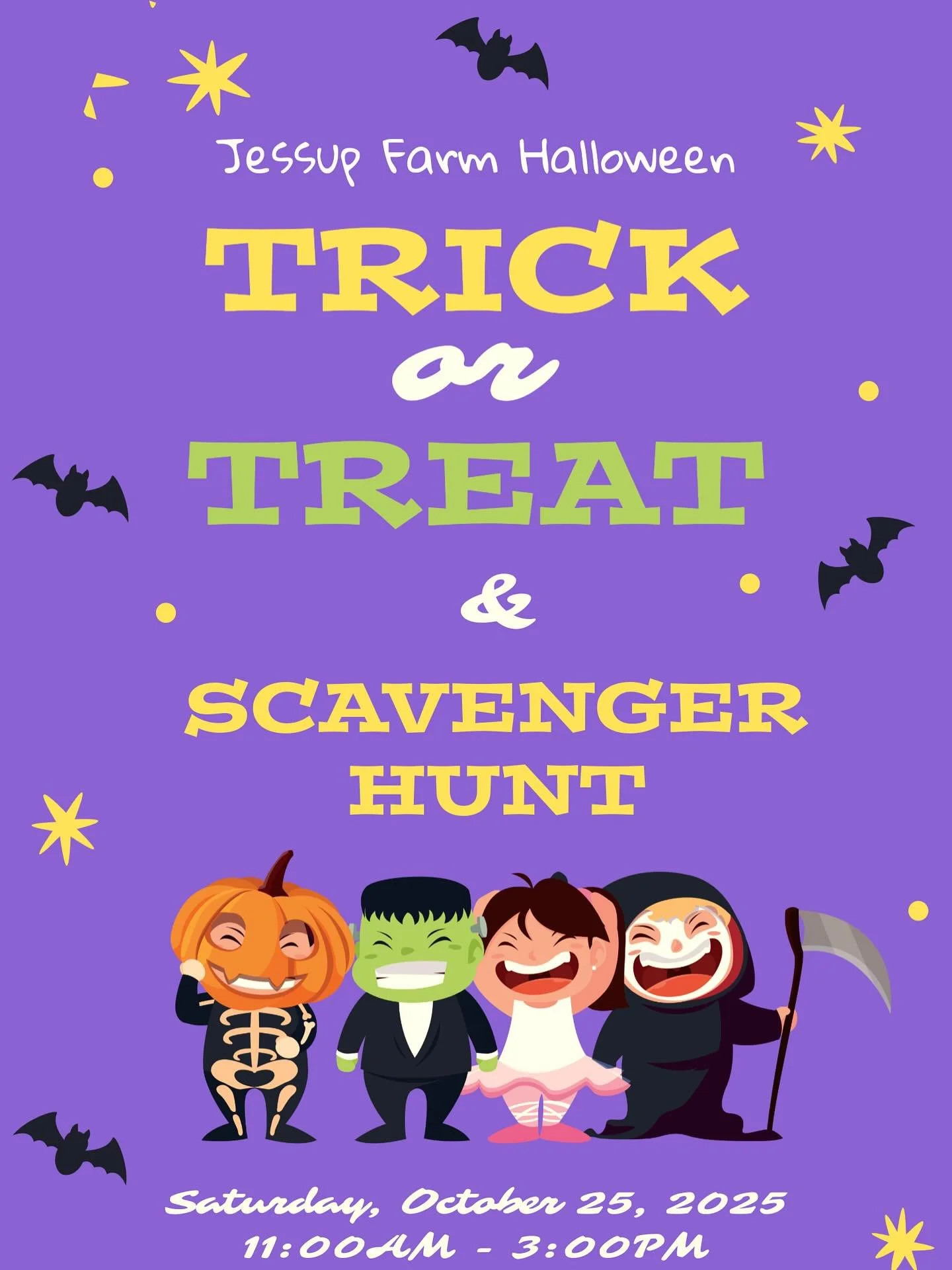 🎃 Trick-or-Treat at Jessup Farm Artisan Village 🎃

Put on your costume and head to Jessup Farm Artisan Village on Saturday, October 25, from 11:00 AM&ndash;3:00 PM! Enjoy village-wide trick-or-treating* and a self-guided scavenger hunt while explo