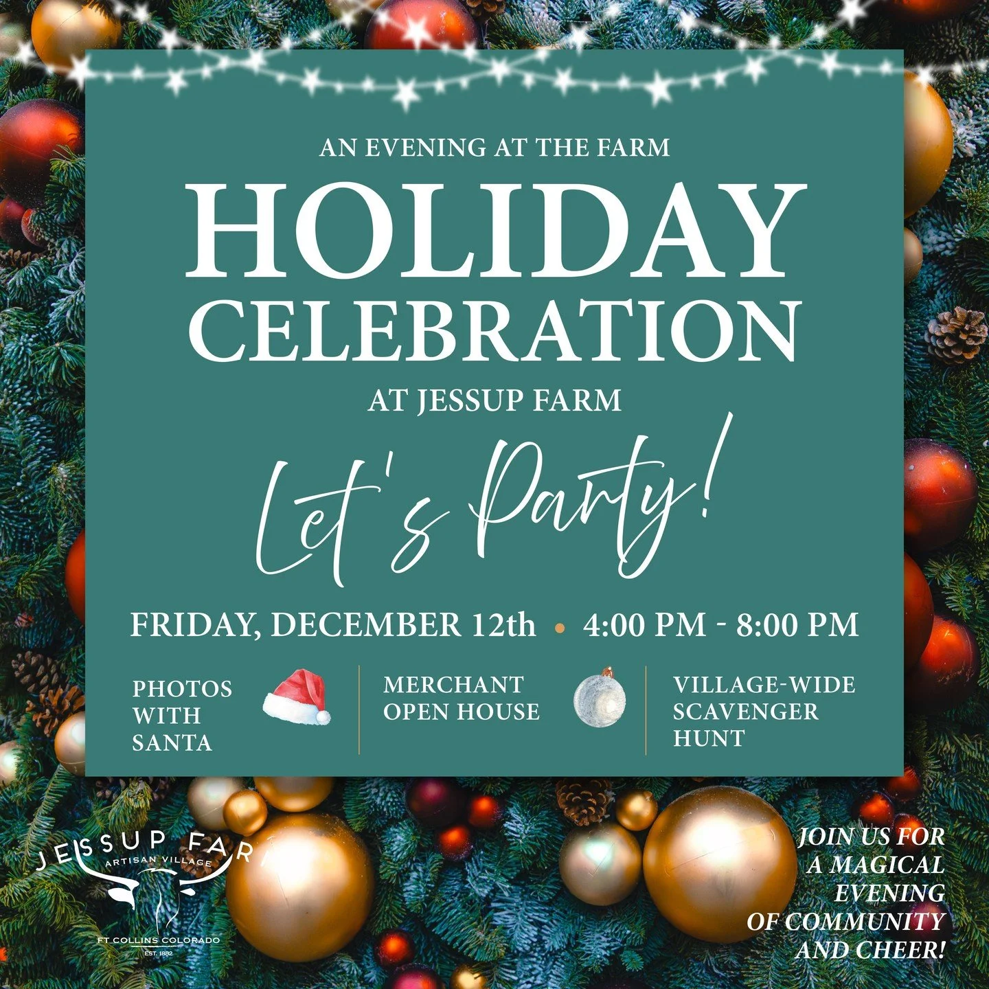 Join us for an Evening at the Farm Holiday Celebration at Jessup Farm! 🎄✨

Kick off the holiday season with a magical night at Jessup Farm! Bring the whole crew for an evening filled with festive fun, sweet treats, and holiday cheer. 

🎅 Photos wit