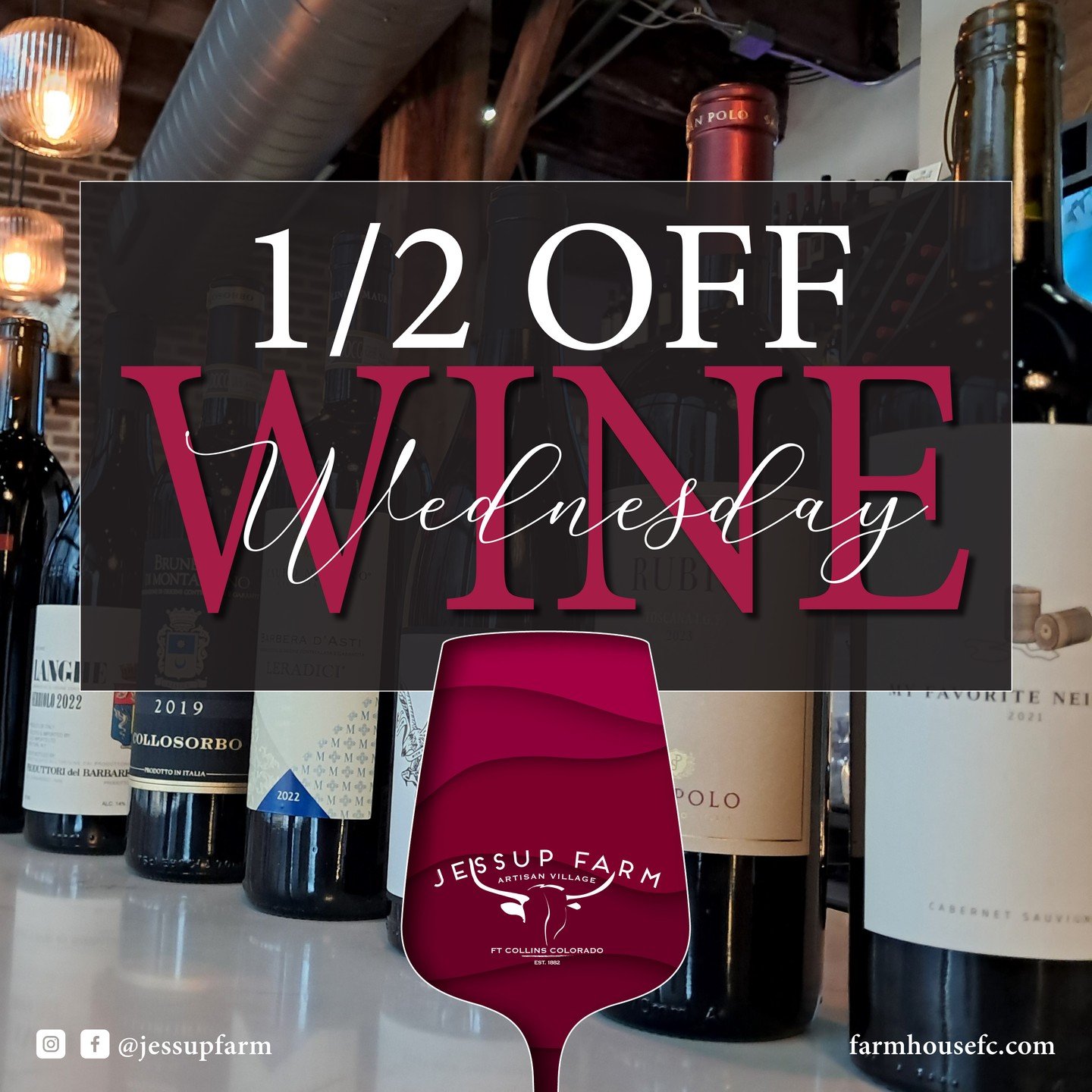 Half-Off Wine Wednesdays at Jessup Farm 🍷

Wednesdays just got better. Join us at Jessup Farm for 50% off bottles of wine during dinner service.

✨ At The Farmhouse
Enjoy half-off bottles of wine every Wednesday, a tradition they've proudly offered 