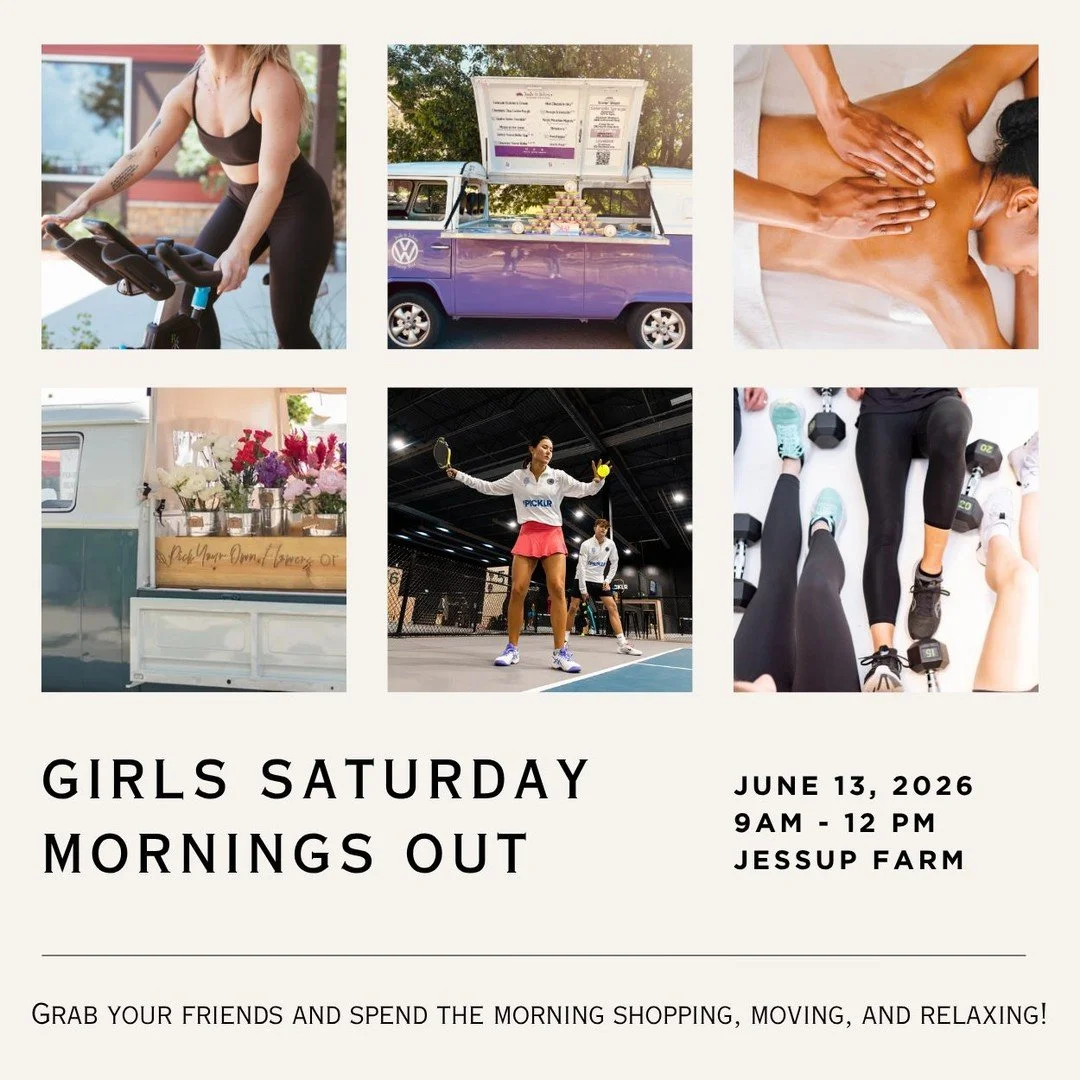 Girls' Saturday Morning Out is almost here at Jessup Farm!

Join us June 13 for:

✨ Outdoor bootcamp class with @repsandrestore
🚴 Indoor ride class with Reps and Restore
🍦 @joshandjohns Scoop Bus
🌸 @ccsflowertruck
🛍️ 20% off at @theheydaystore
💆
