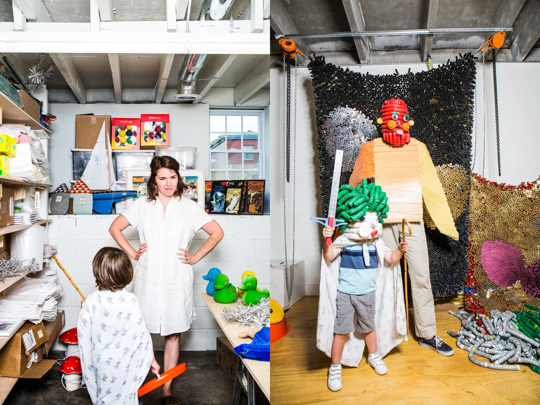 Left: Genie Lockwood, owner of the Nashville children's store Arcade, uses her space for planning and product research. What' s her favorite thing about working from 1411 Buchanan? "I love being around Alex. I've pretty much been obsessed with him since we first met." Right: Alex Lockwood and son Roman wearing costumes of Alex's design.