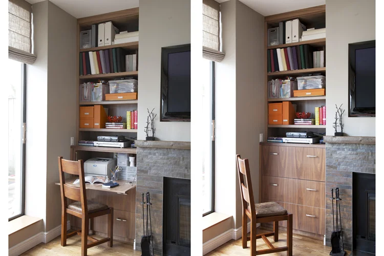 Walnut drop-leaf desk and shelves