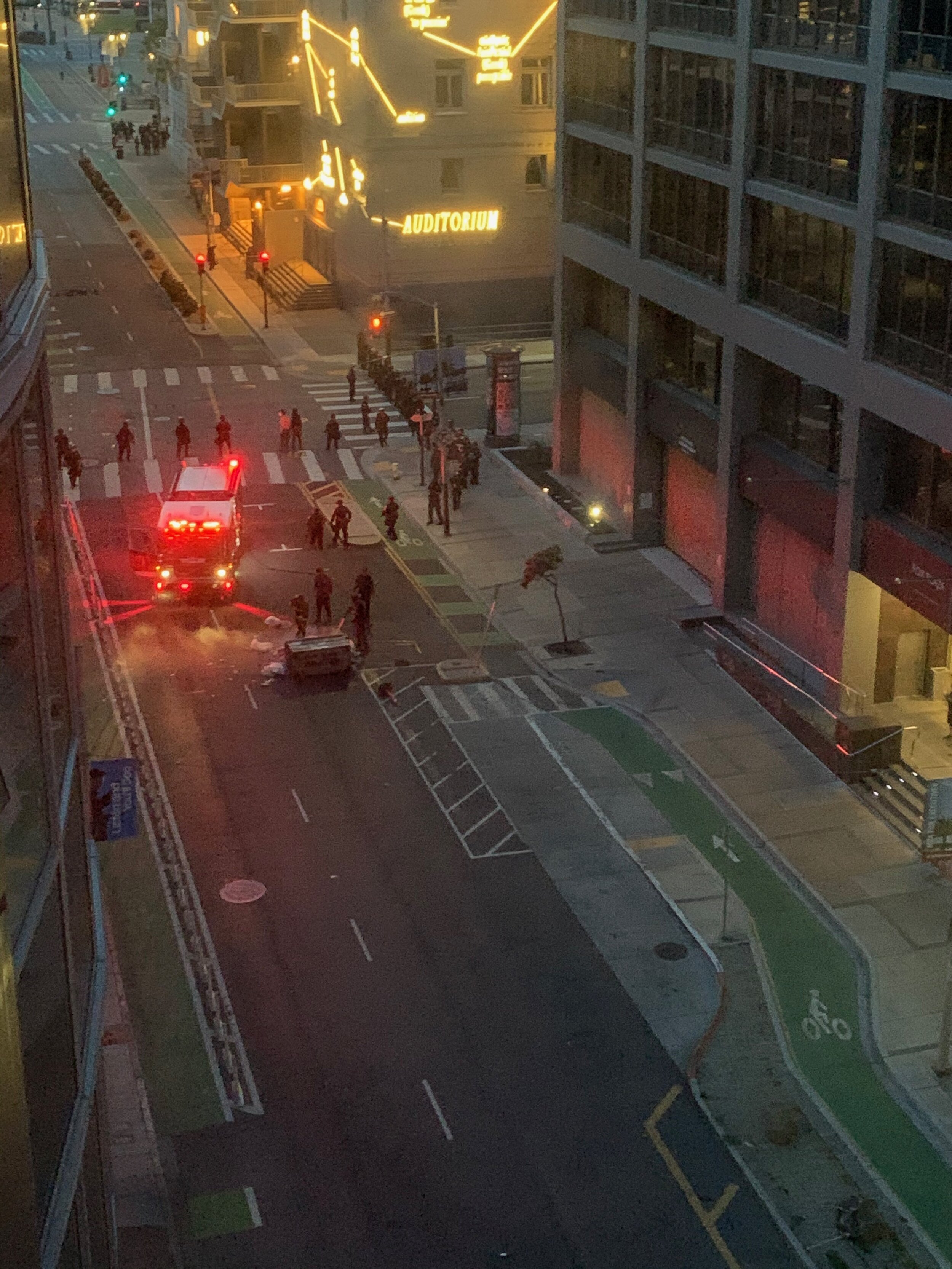  Firefighters brought in to put out the dumpster fire from protestors defying curfew.   June 31, 2020 