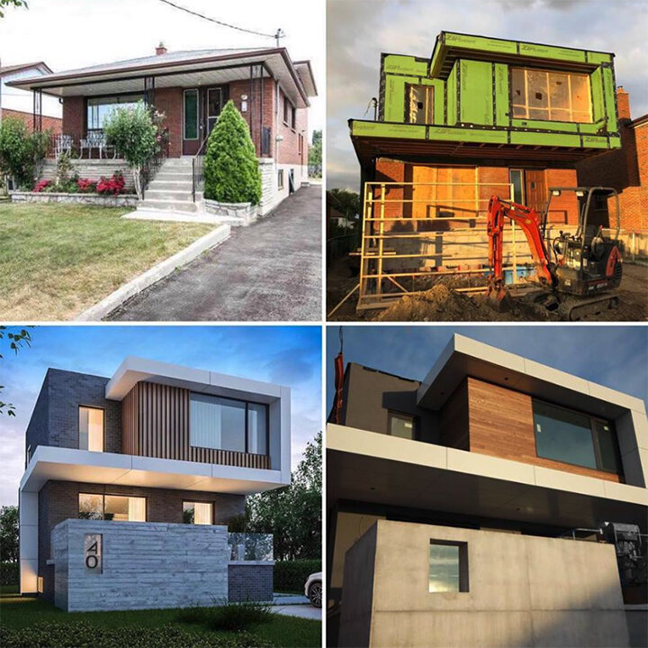 Clockwise from Top Left: The original home, Home under construction, Home facade