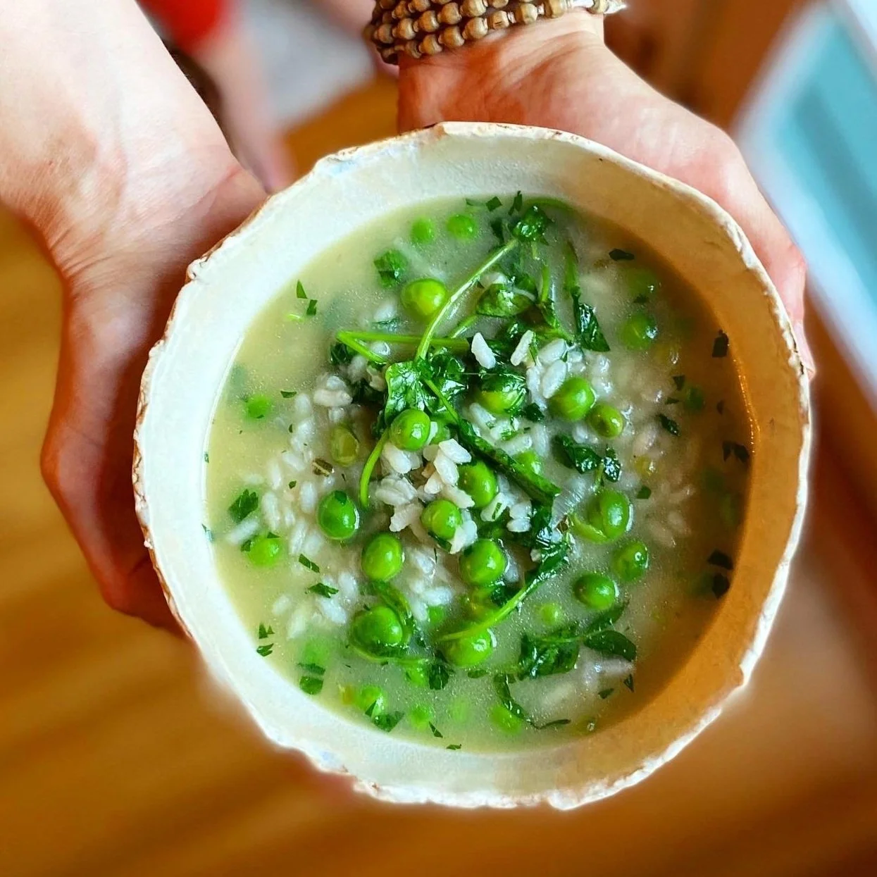 Risi e bisi, Italian rice and peas, served warm in a bowl