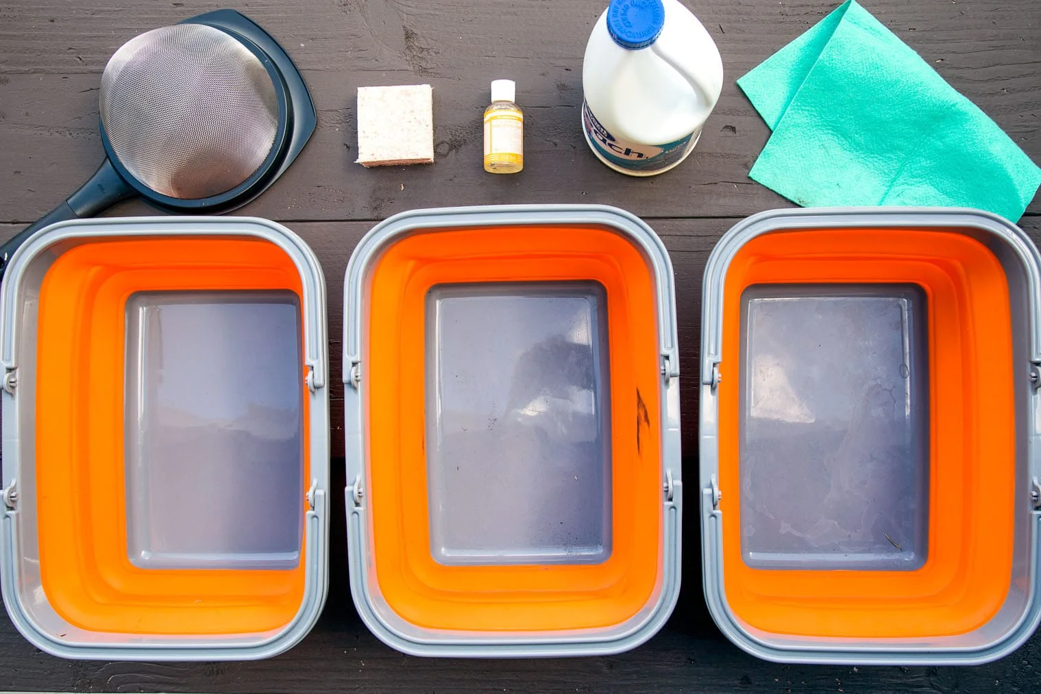 Camp-style dishwashing system. Photo credit: https://www.freshoffthegrid.com