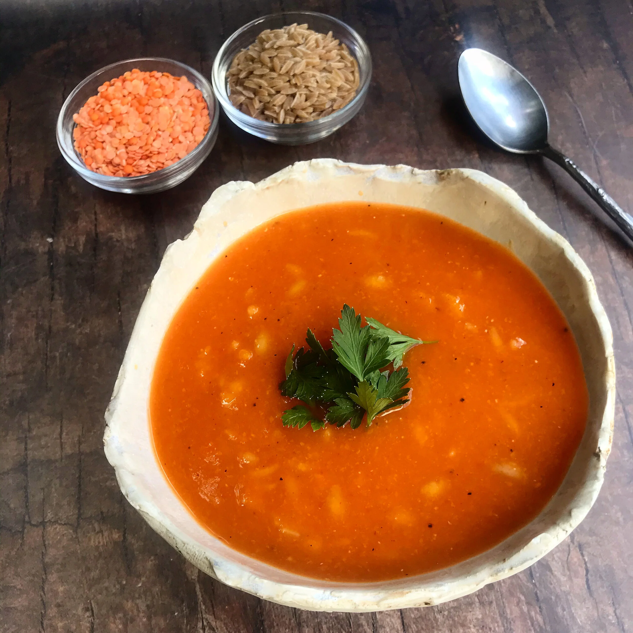 Red Autumn Soup with Orzo