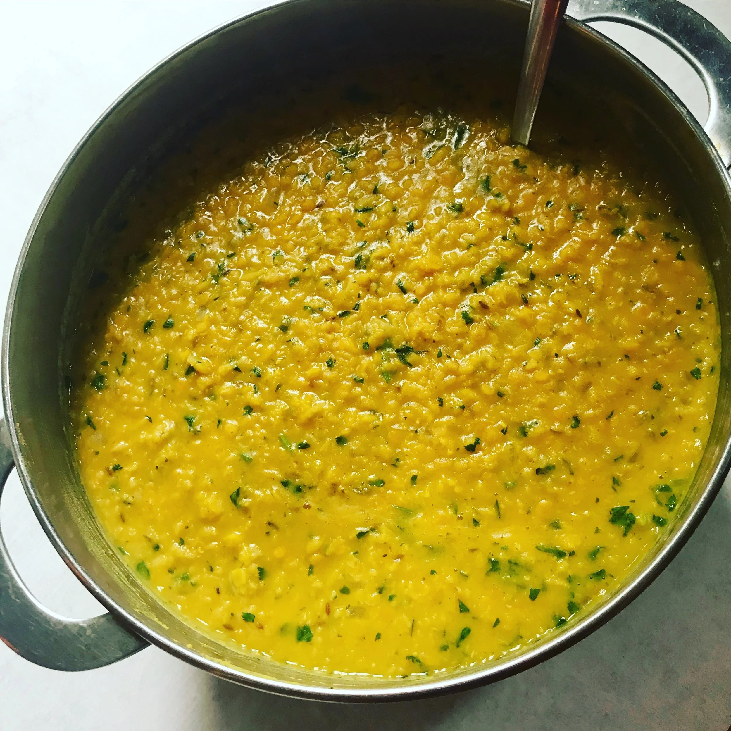 Red lentil dal with cilantro, lime, and coconut simmering in a pot