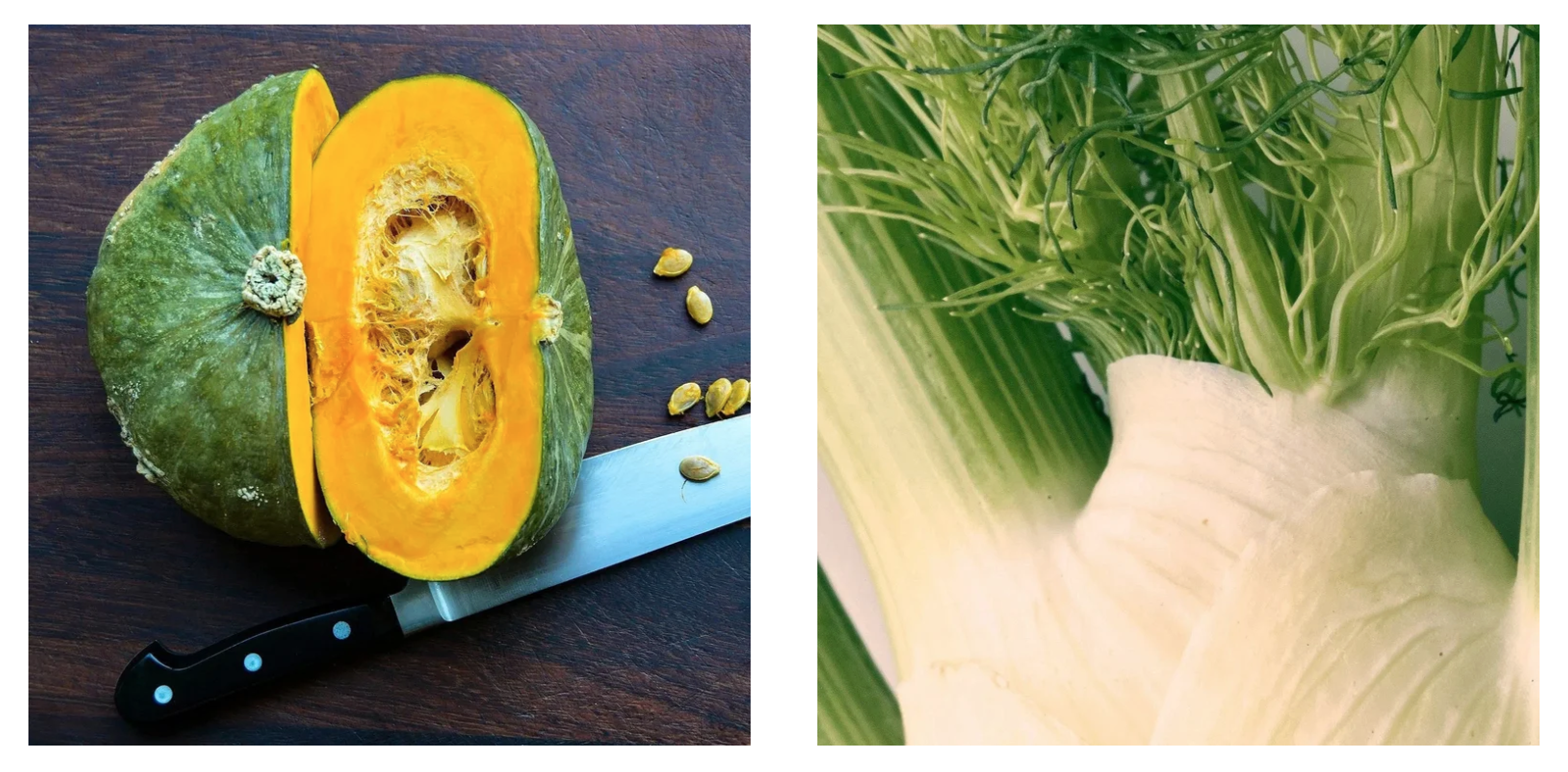 Side by side images of a whole kabocha squash sliced in half and a close up view of a fennel bulb