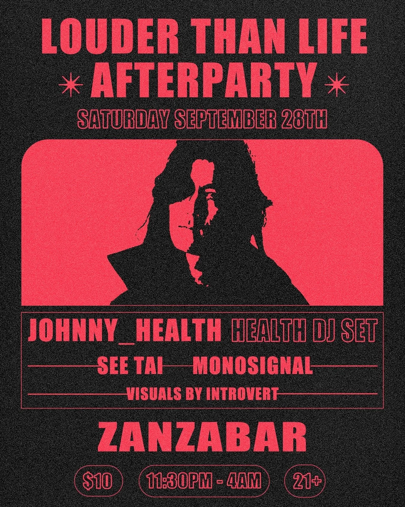 Louder Than Life afterparty at @thezanzabar this Saturday, Sept 28th, with a very special guest DJ set by @_johnny_health_  of @_health_ ! 
(Catch HEALTH at the festival - 7:05pm on the LOUDMOUTH STAGE)

@monosignal_  and myself will also be DJing, a
