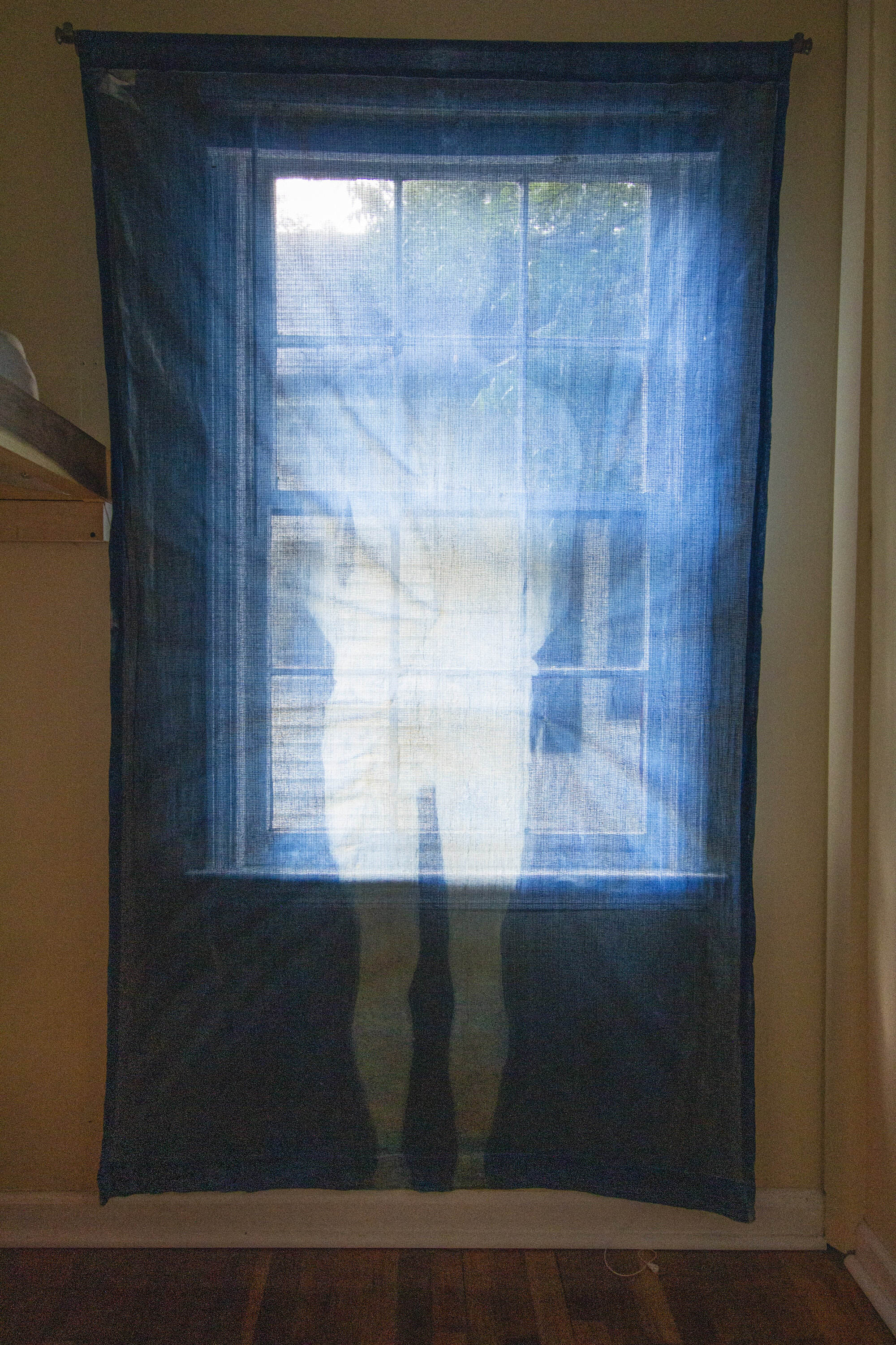 Fading [early evening], 2020, cotton curtain, cyanotype solution, curtain rod, and hardware, 55 x 84 inches.