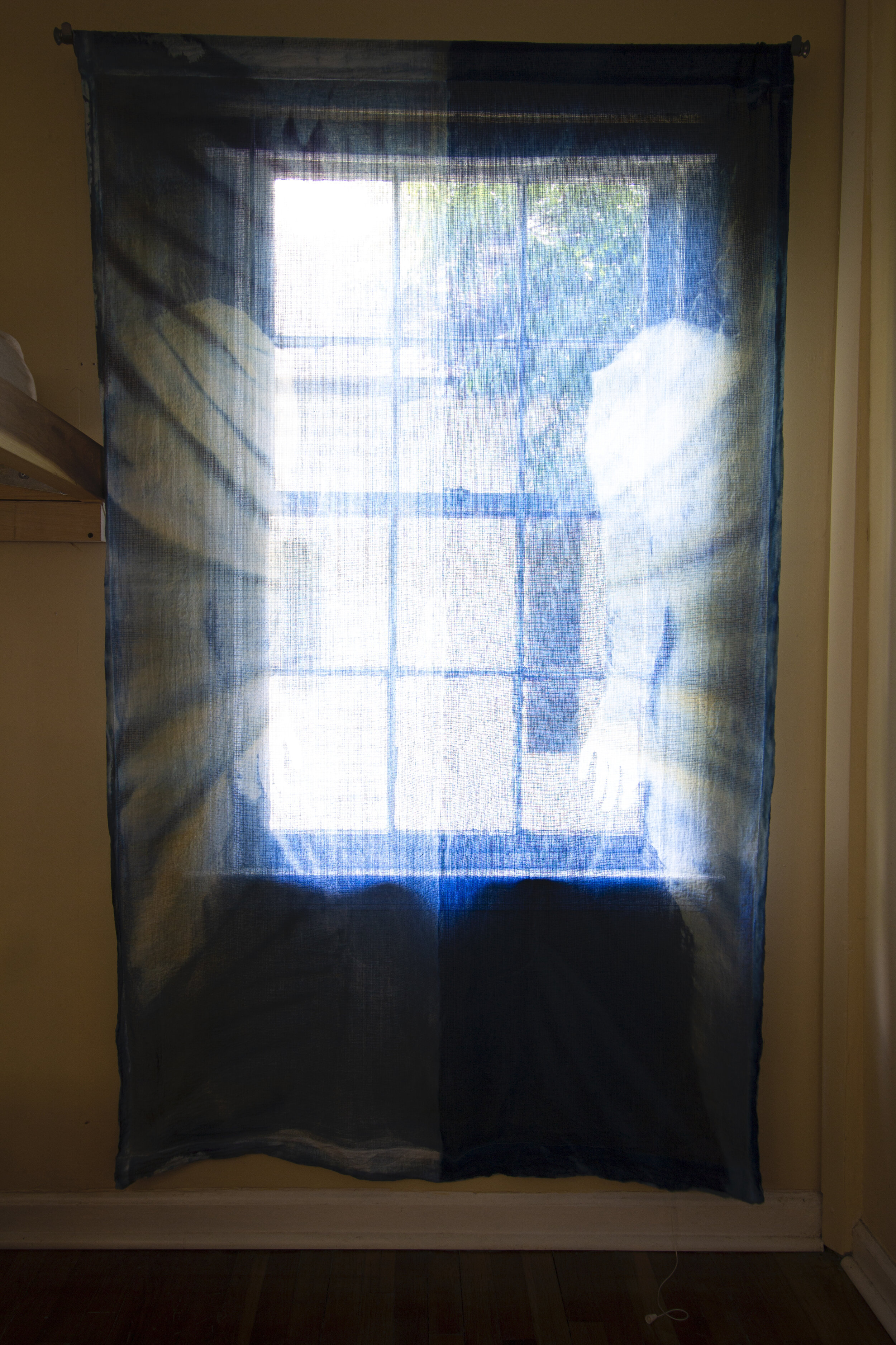 Mirror Image [midday], 2020, cotton curtain, cyanotype solution, curtain rod, and hardware, 55 x 84 inches