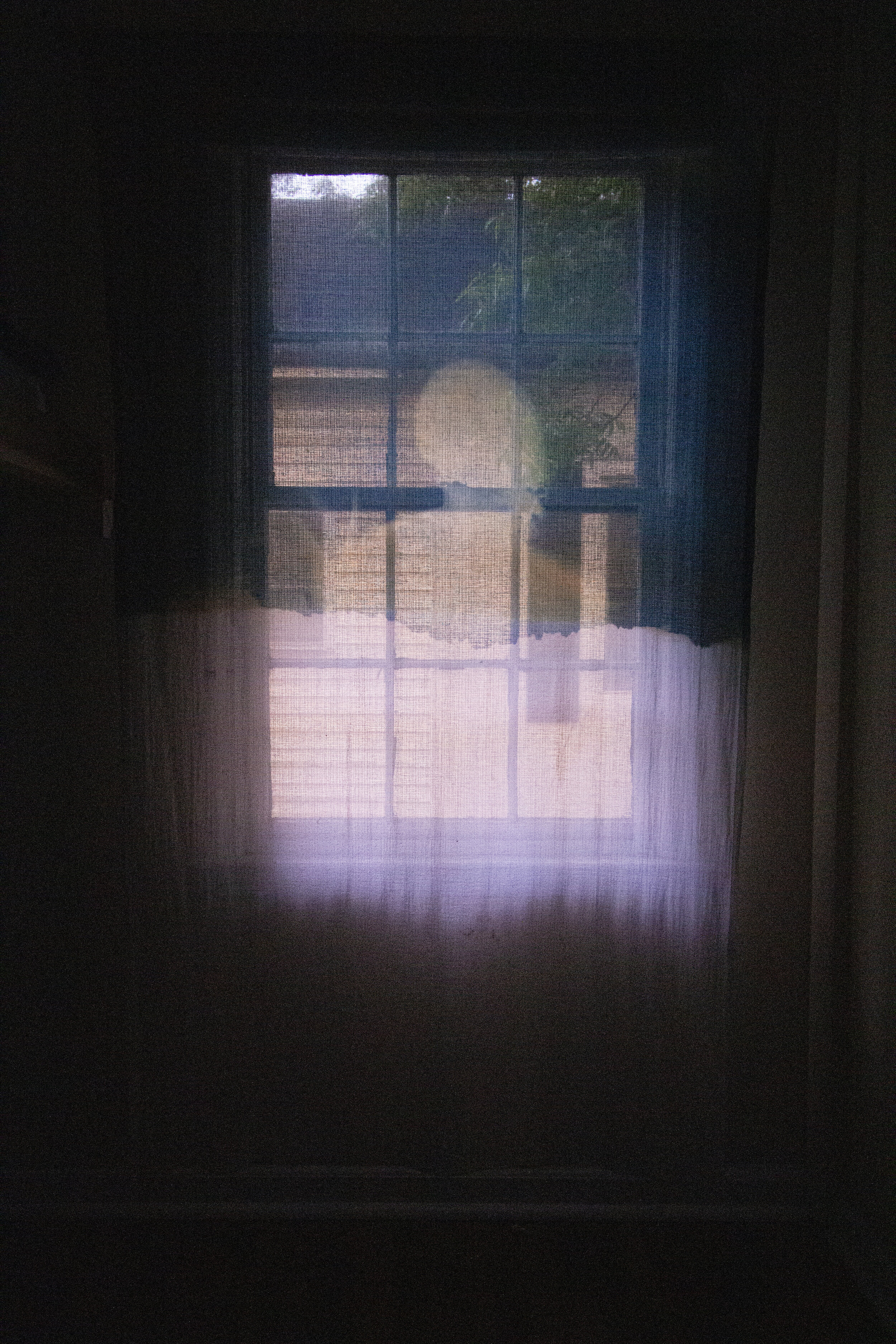 Sunrise [sunrise], 2020, cotton curtain, cyanotype solution, curtain rod, and hardware, 55 x 84 inches
