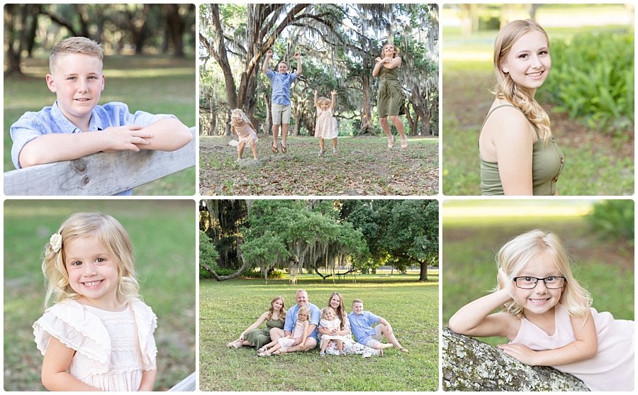 family photographed underneath live oak trees