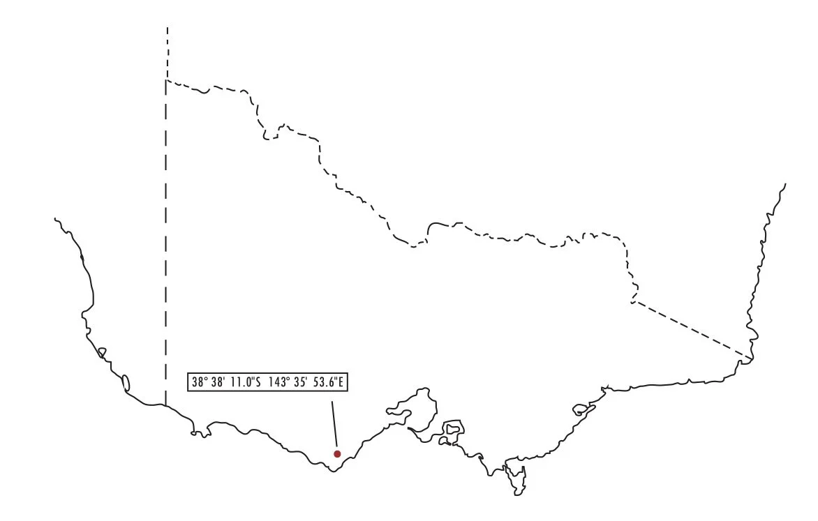 Map of Victoria marking the coordinates of the Great Otway pressing site.