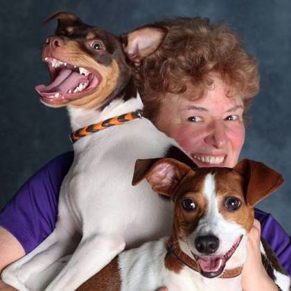 Deb with her Rat Terriers, Ferris (left) and Remus (right)